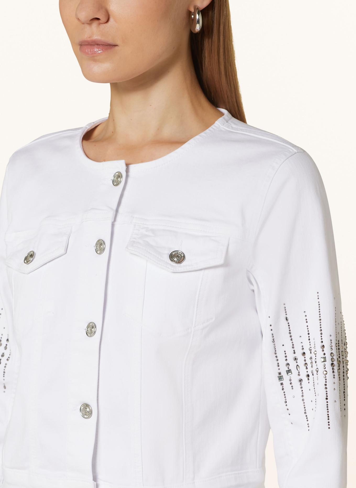 monari Denim jacket with 3/4 sleeves and decorative gems, Color: WHITE (Image 4)