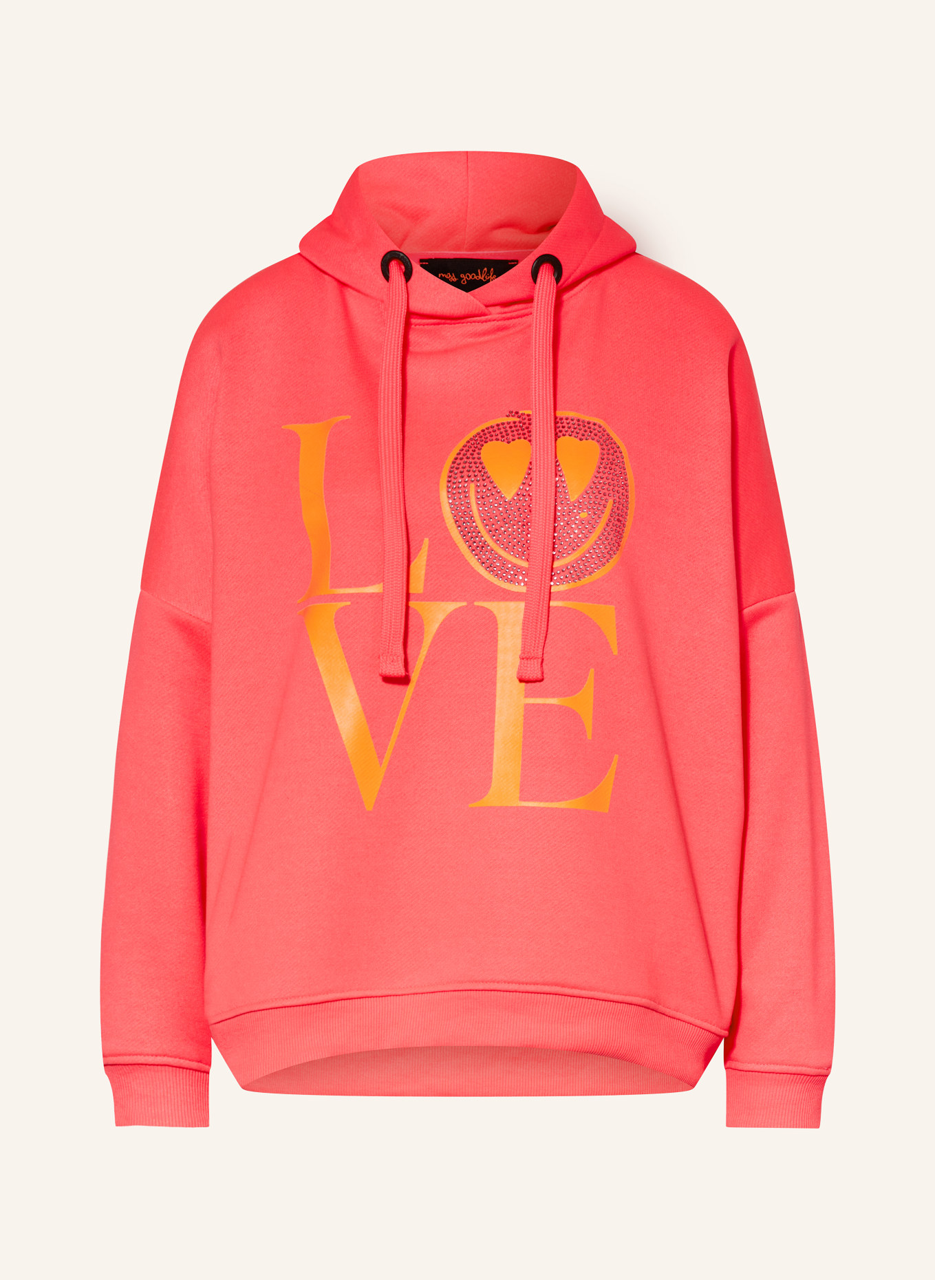 miss goodlife Hoodie with decorative gems, Color: NEON PINK/ NEON ORANGE (Image 1)