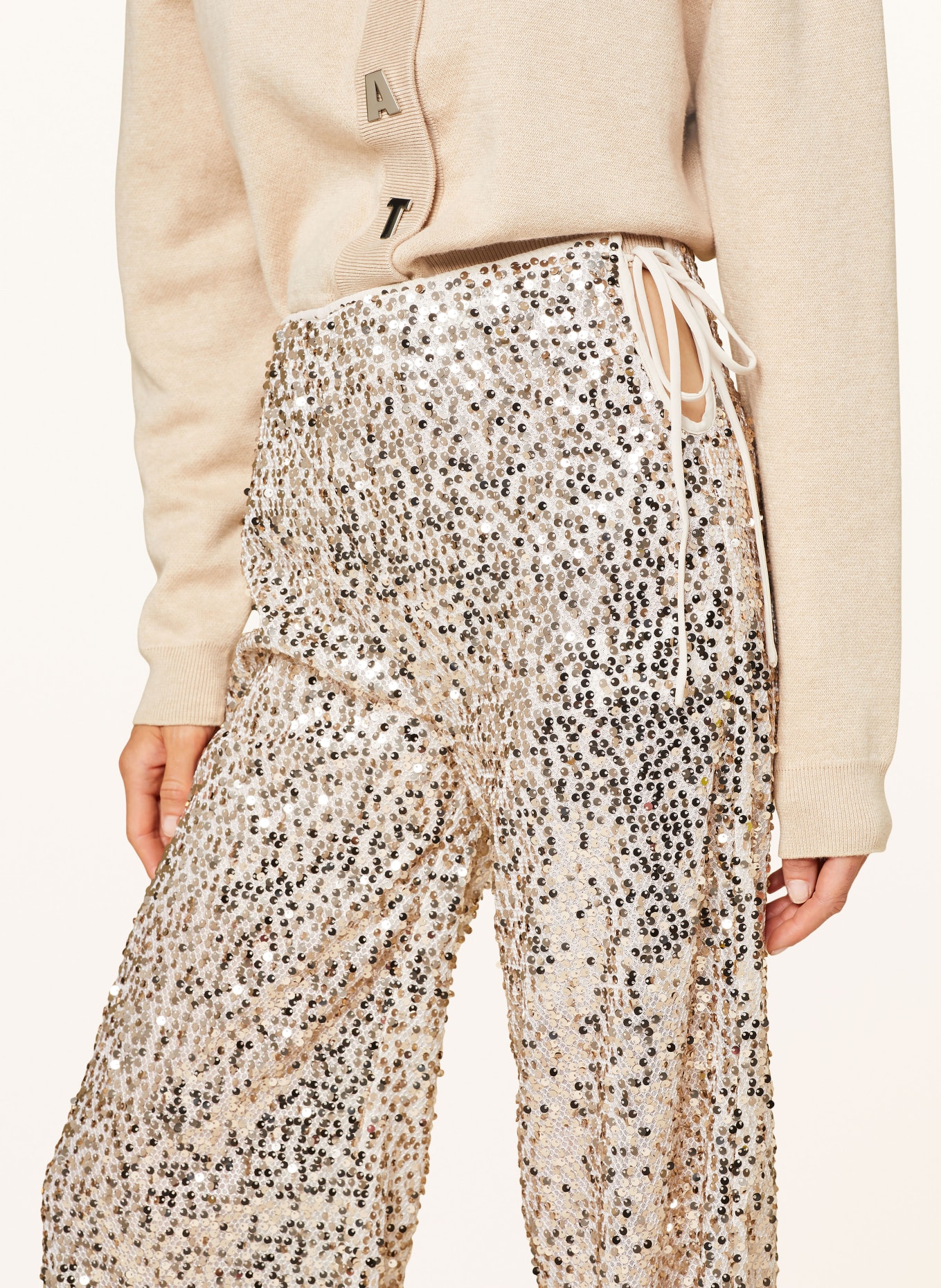 ROTATE Wide leg sprania trousers with sequins, Color: BEIGE (Image 5)