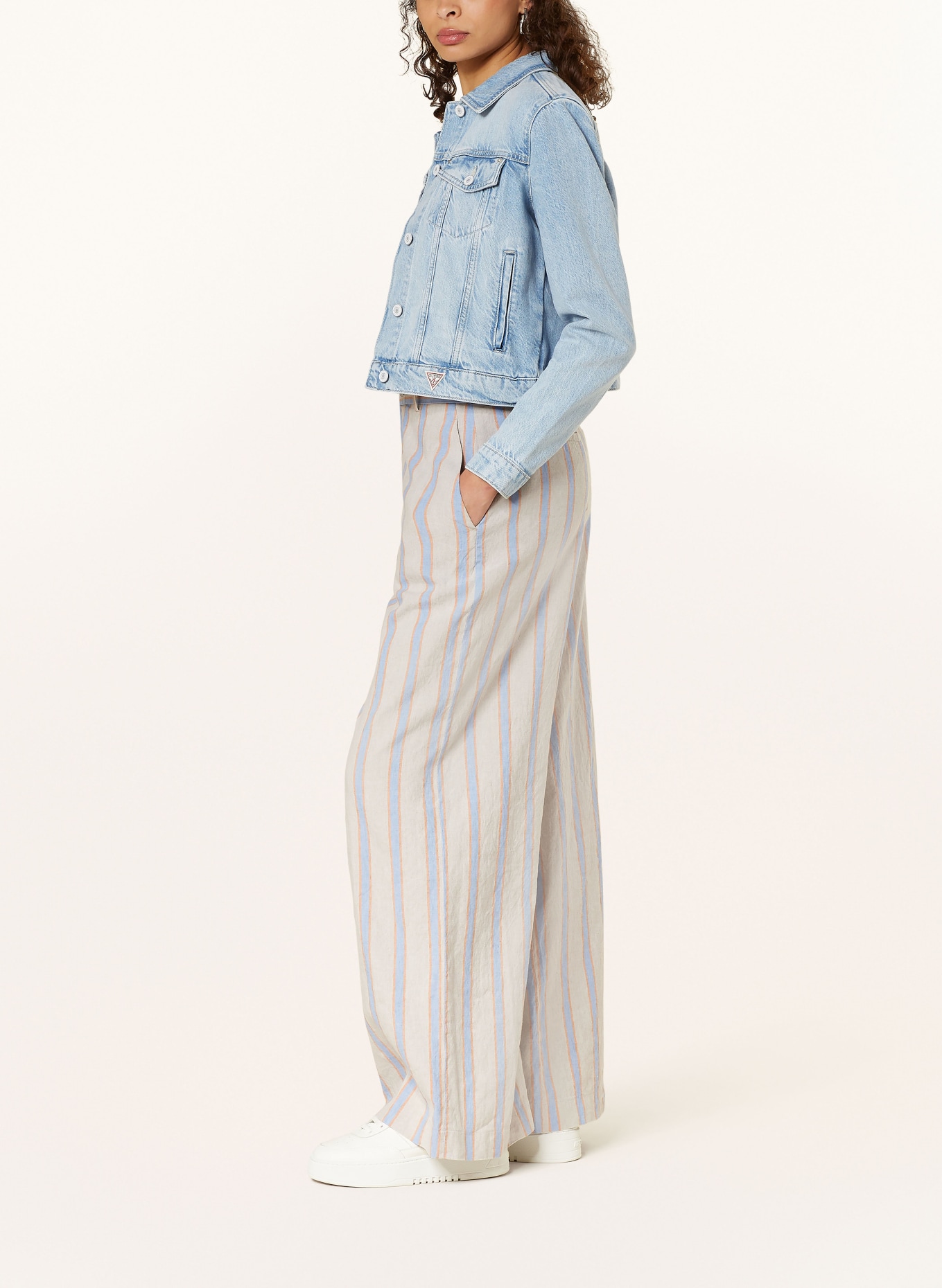 VANILIA Wide leg trousers with linen, Color: BEIGE/ LIGHT BLUE/ DARK ORANGE (Image 4)