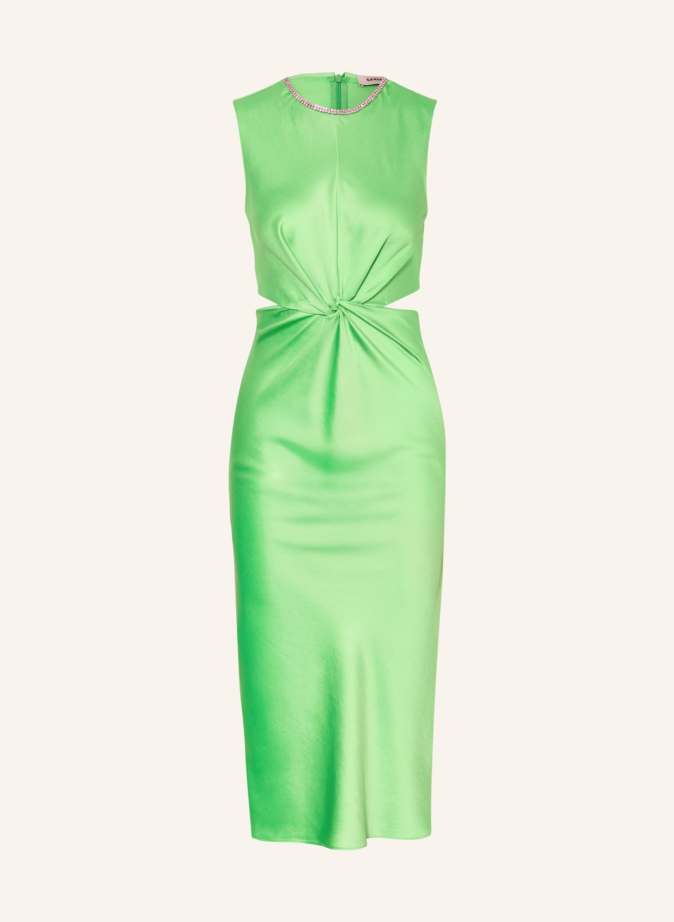SANDRO Satynowa sukienka z wycięciami i kamykami szlachetnymi, Kolor: JASNOZIELONY (Obrazek 1)