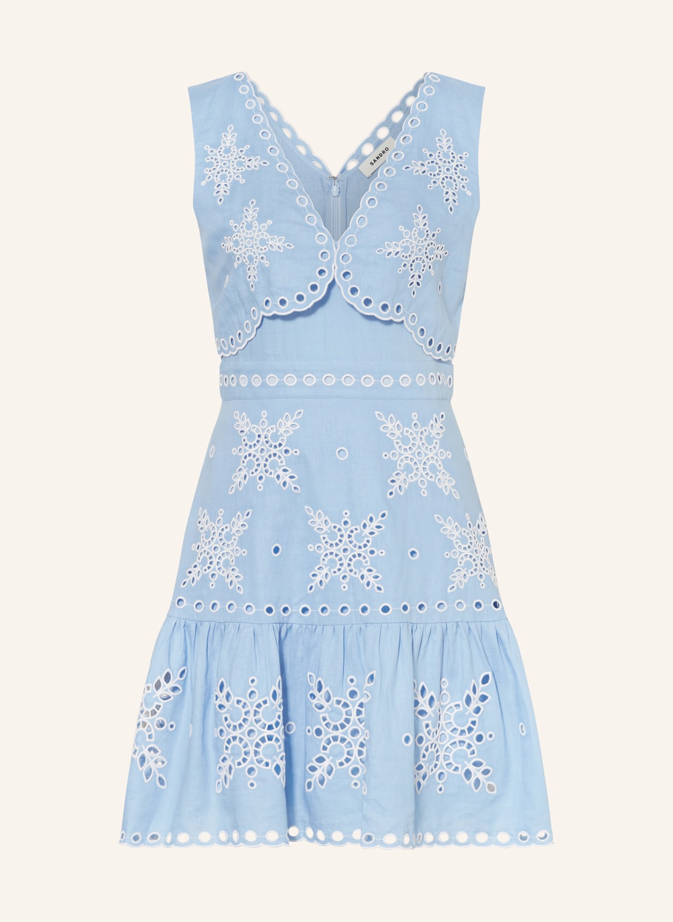 SANDRO Sukienka z ażurowej koronki z lnem, Kolor: JASNONIEBIESKI/ BIAŁY (Obrazek 1)