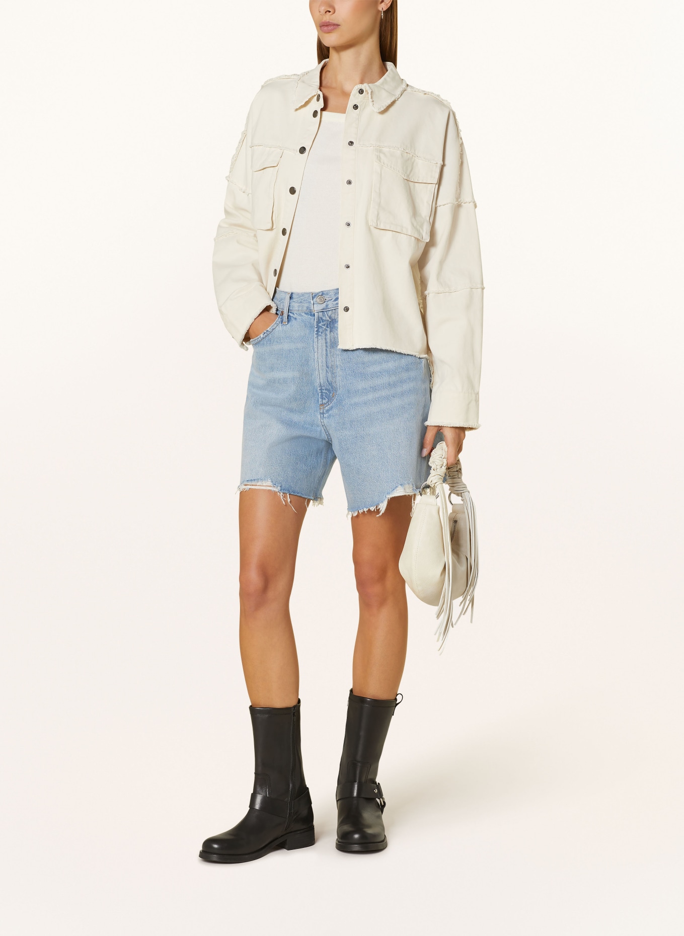 Y.A.S. Jeansblouson mit Schmucksteinen: BEIGE