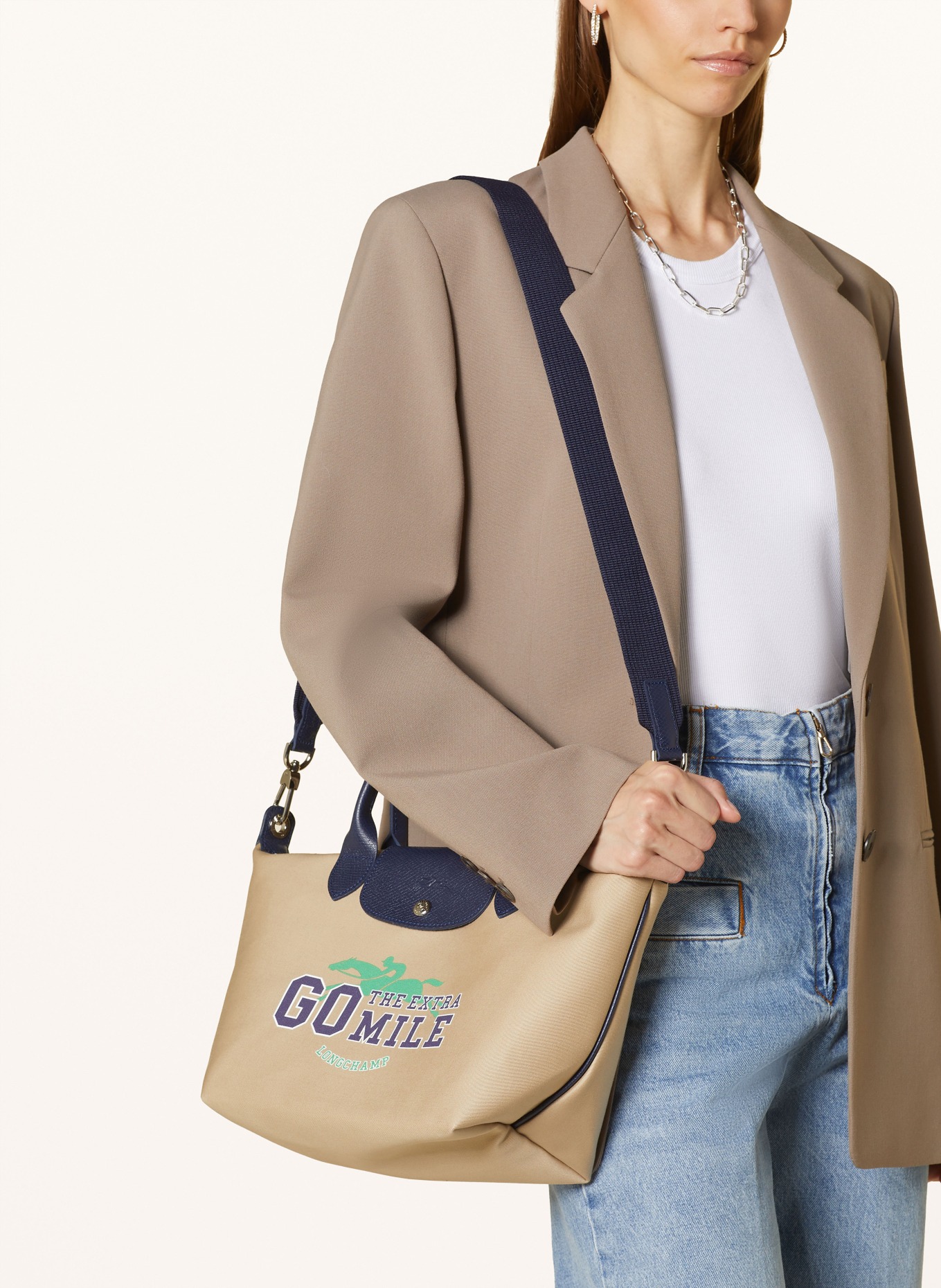 LONGCHAMP Shopper LE PLIAGE S: BEIGE/ DUNKELBLAU