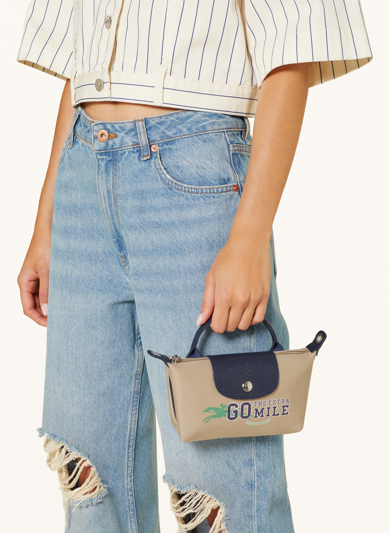 LONGCHAMP Umhängetasche POCHETTE LE PLIAGE: BEIGE / DUNKELBLAU