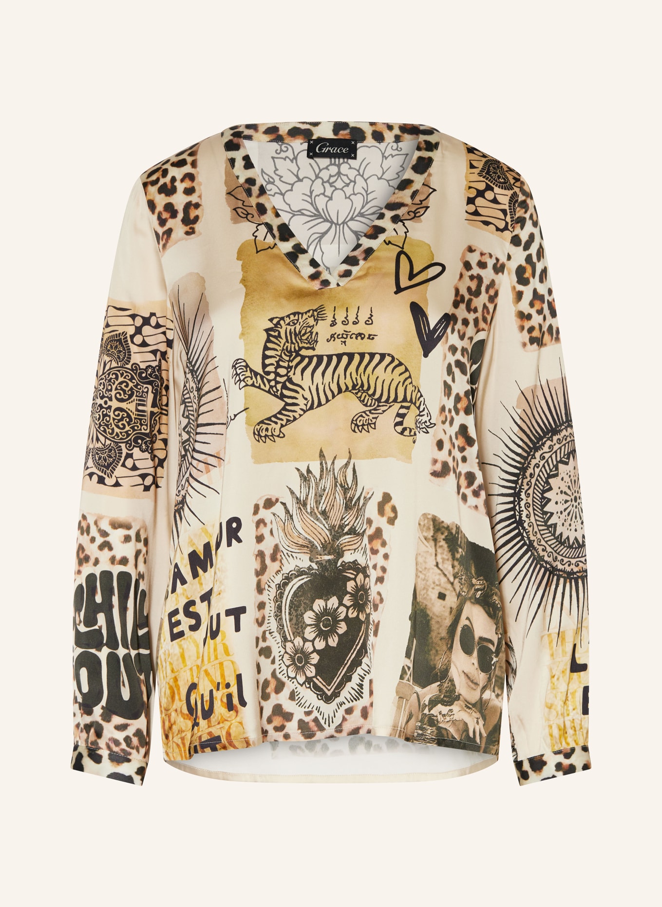 Grace Shirt blouse in satin: LIGHT BROWN / BLACK