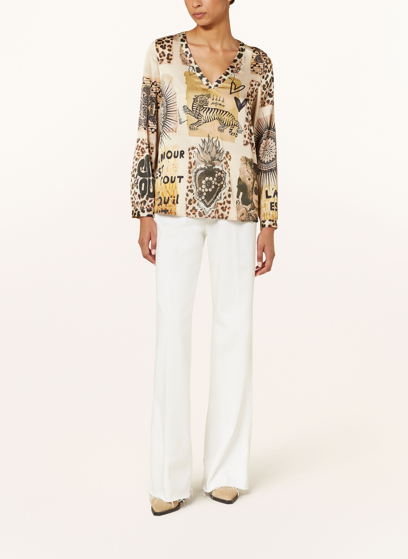 Grace Shirt blouse in satin: LIGHT BROWN / BLACK