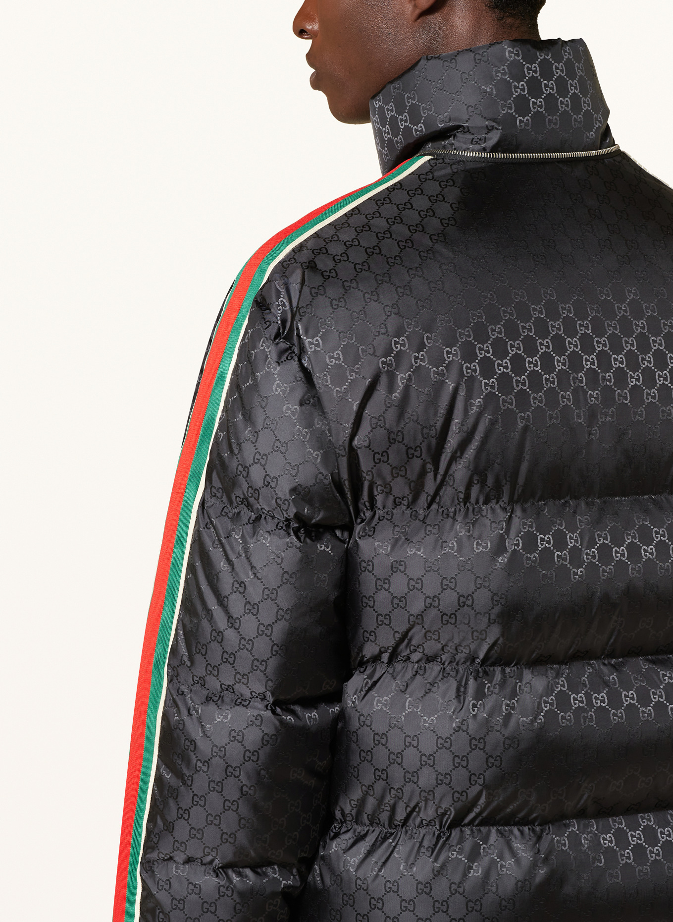 GUCCI Down jacket with tuxedo stripes in black green red