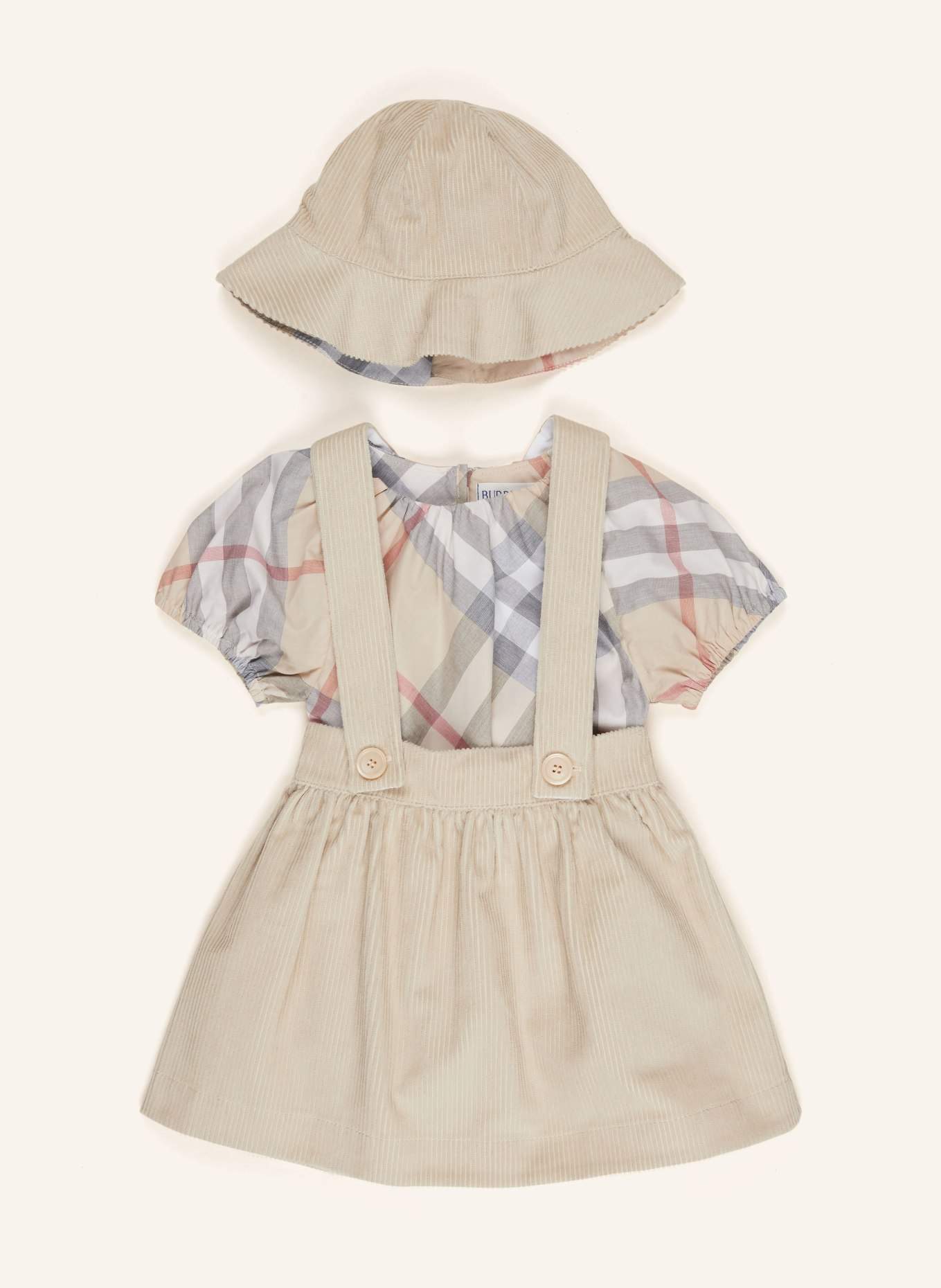 BURBERRY Zestaw Body spodnica ze sztruksu i czapka rybacka kolor be owy kremowy