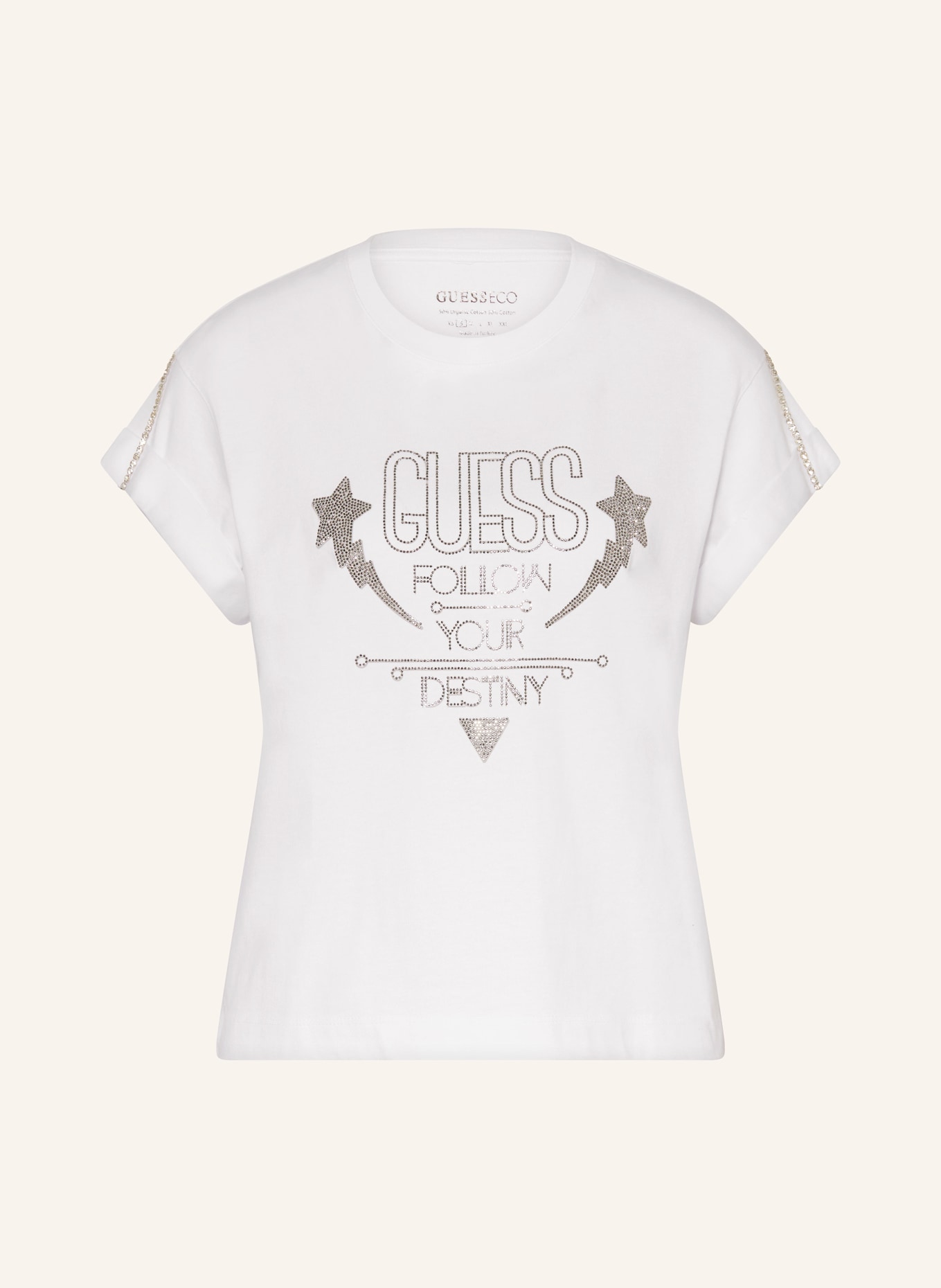 GUESS T-Shirt mit Schmucksteinen: WEISS
