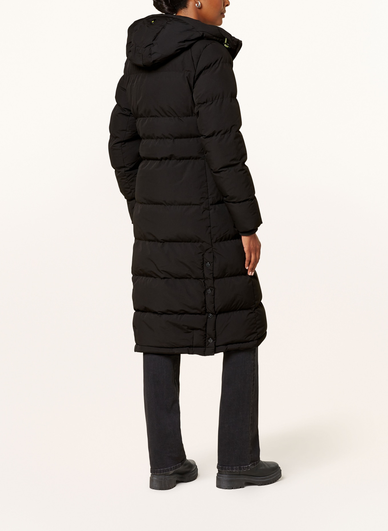 WELLENSTEYN RAFFLE LONG LADY quilted coat with detachable faux fur: BLACK