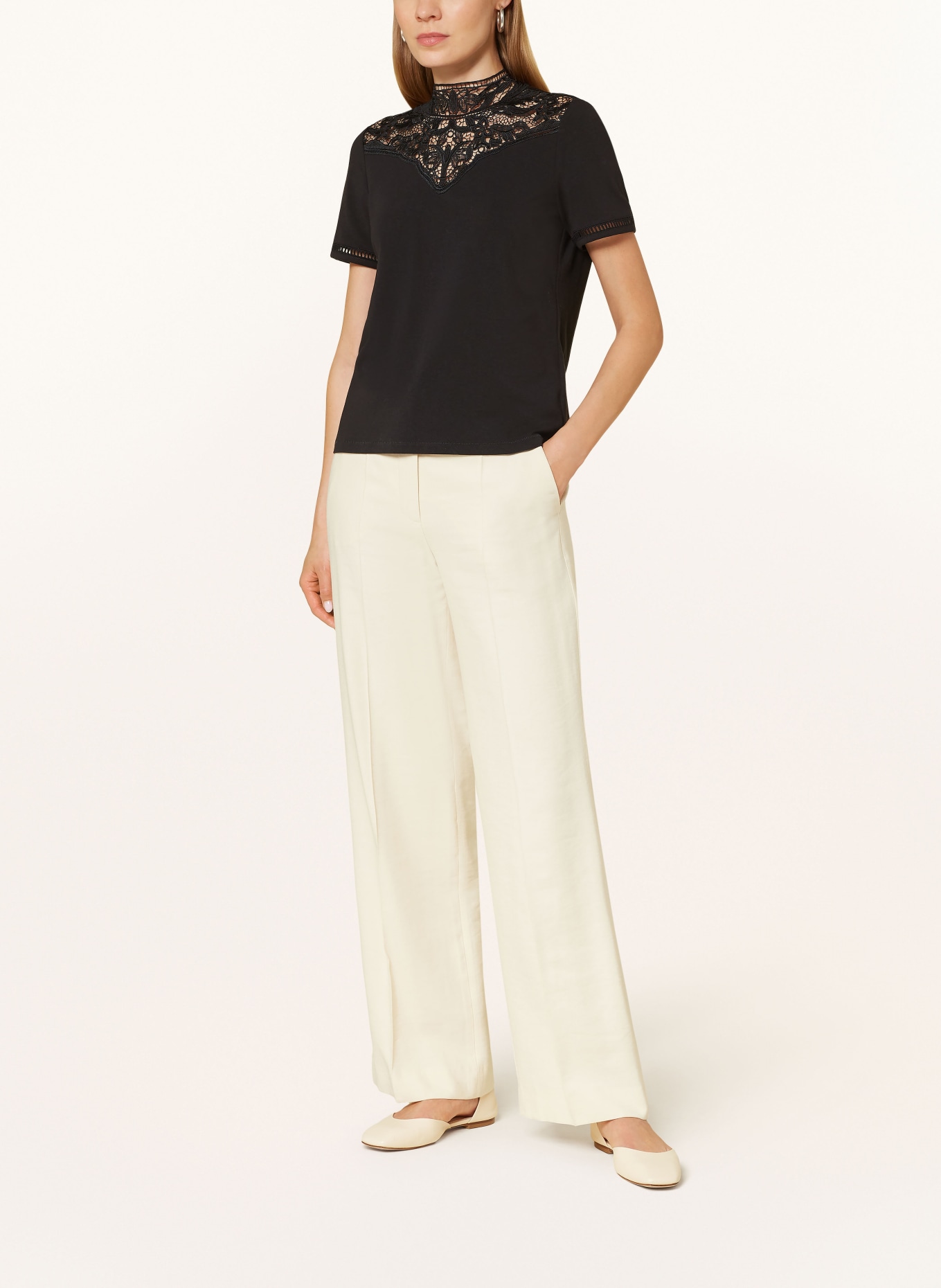 oui T-shirt with broderie anglaise: BLACK