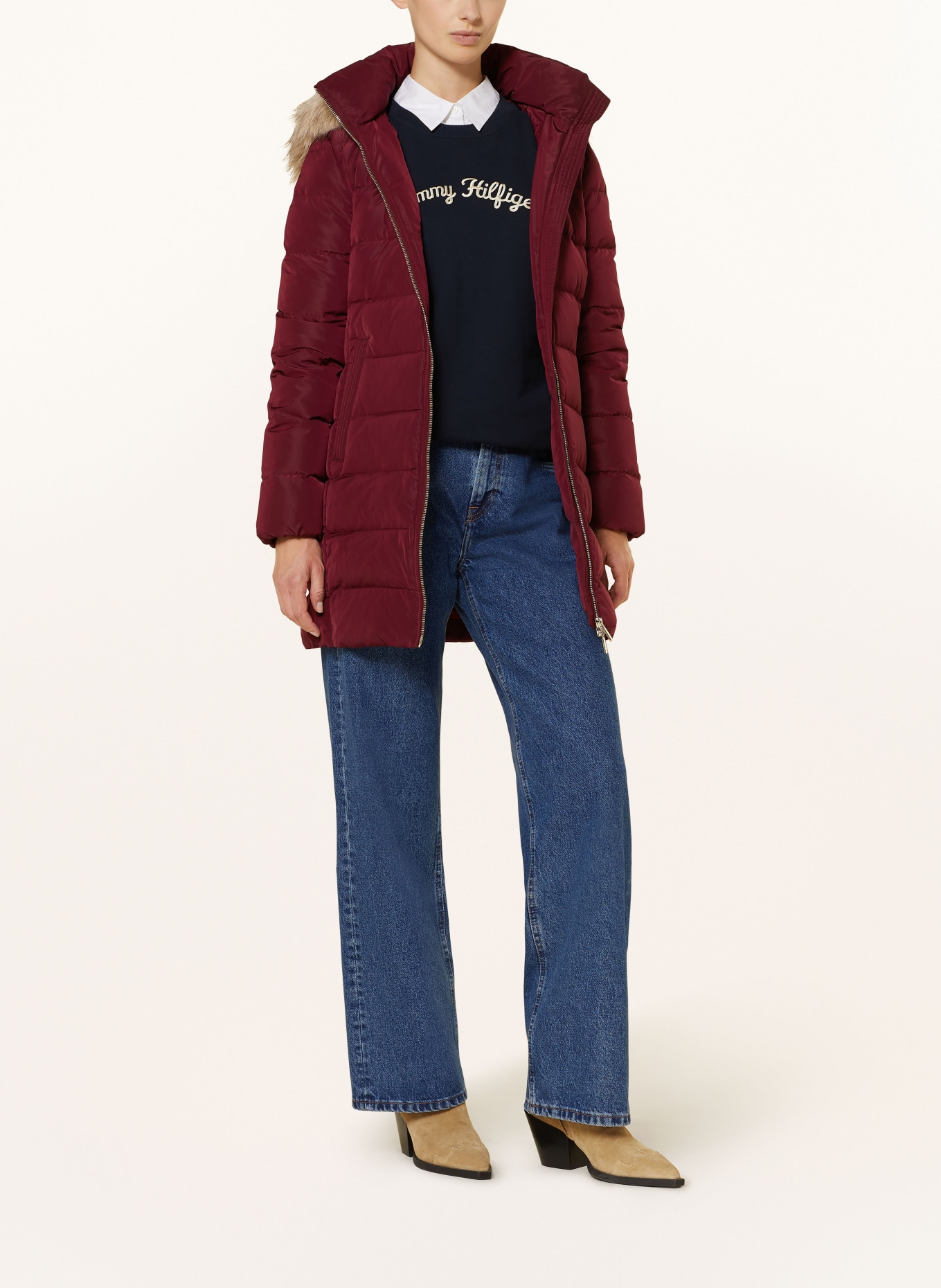TOMMY HILFIGER Daunenmantel HERITAGE DOWN TYRA mit abnehmbarem Kunstpelz: DUNKELROT