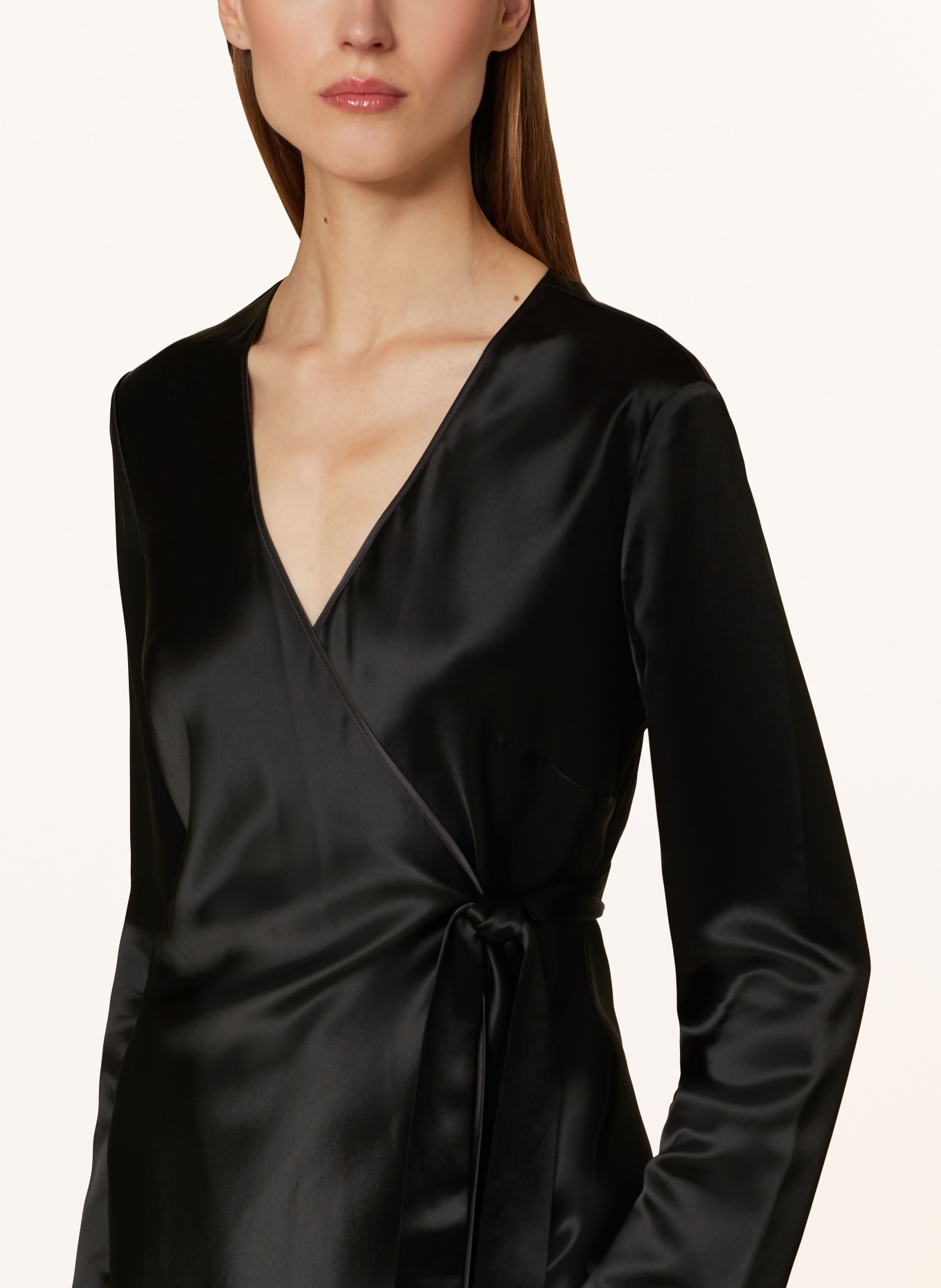 Black satin wrap dress shop