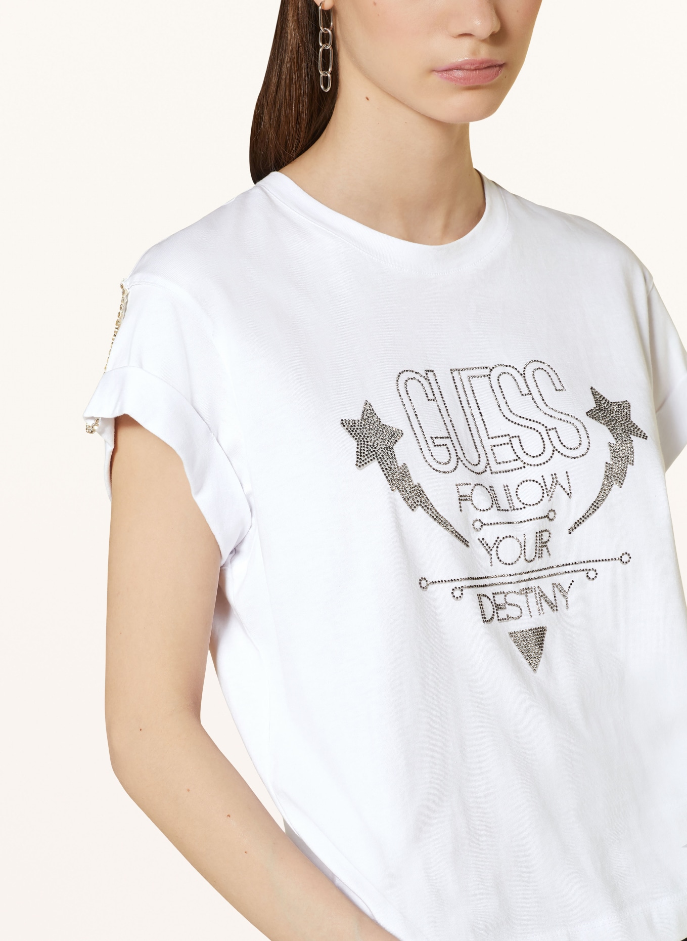 GUESS T-Shirt mit Schmucksteinen: WEISS