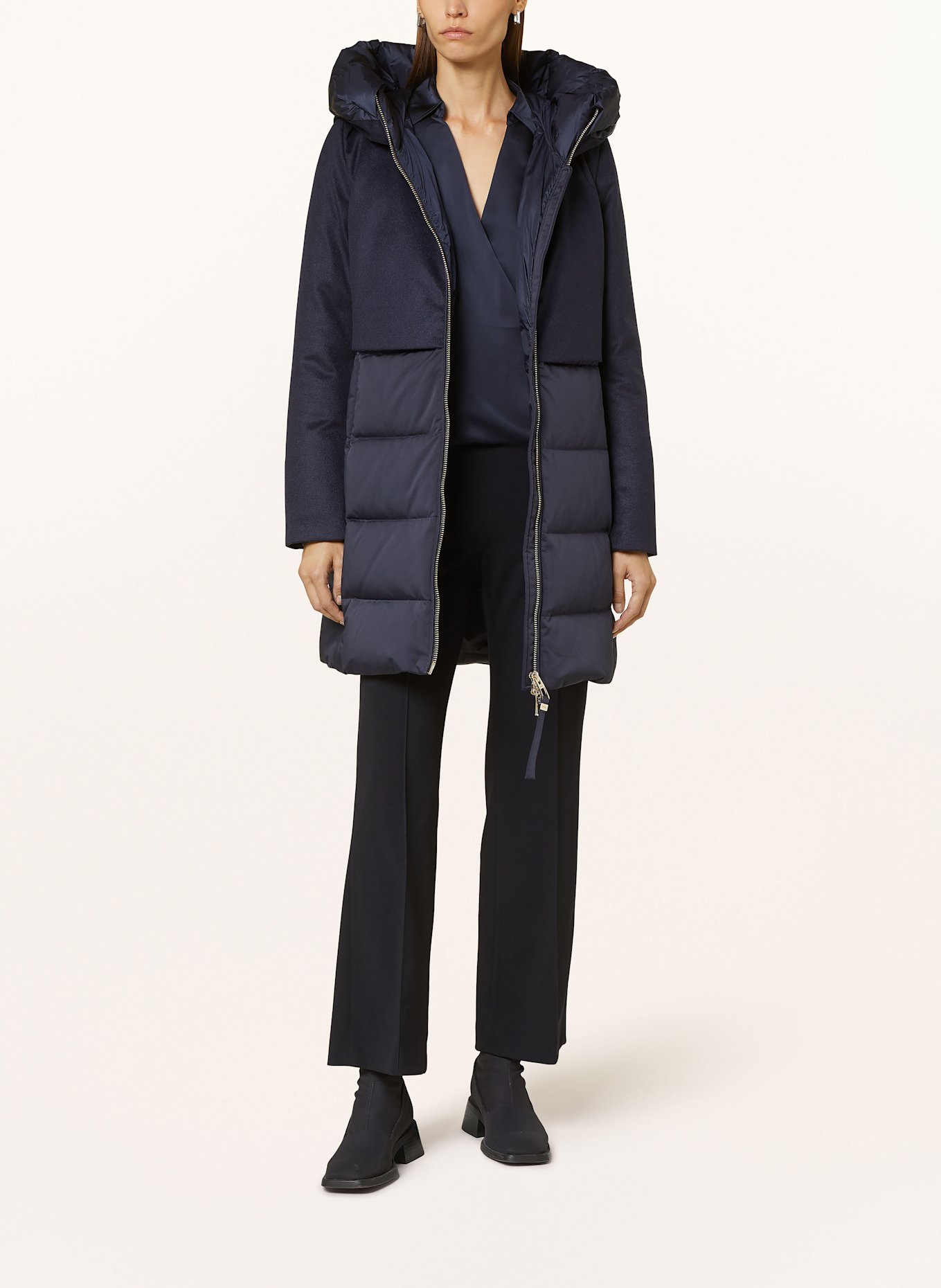 DUNO Daunenmantel BALLON X im Materialmix mit abnehmbarer Kapuze: DUNKELBLAU