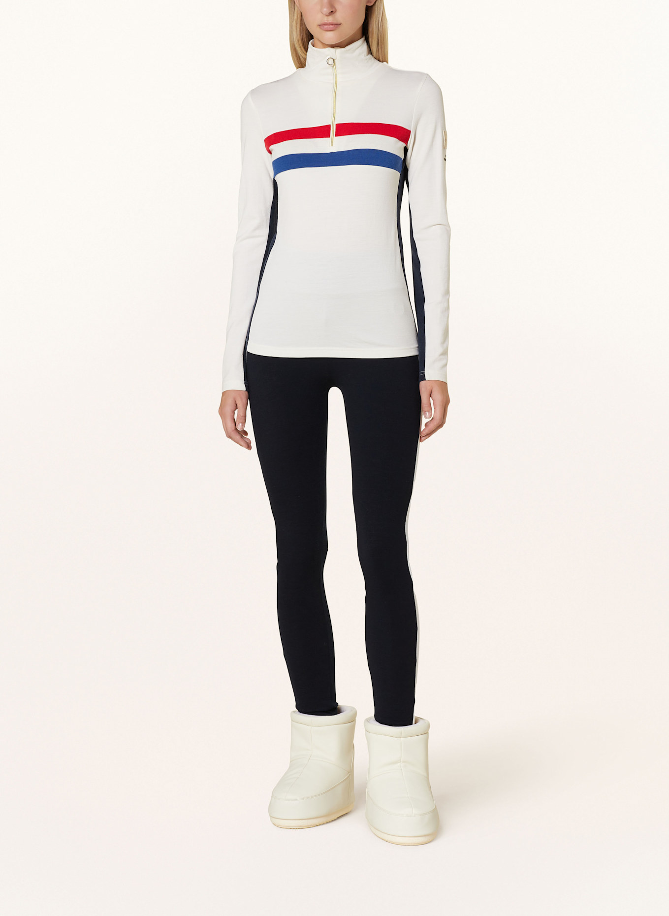 WE NORWEGIANS Midlayer aus Merinowolle: ECRU / BLAU / ROT