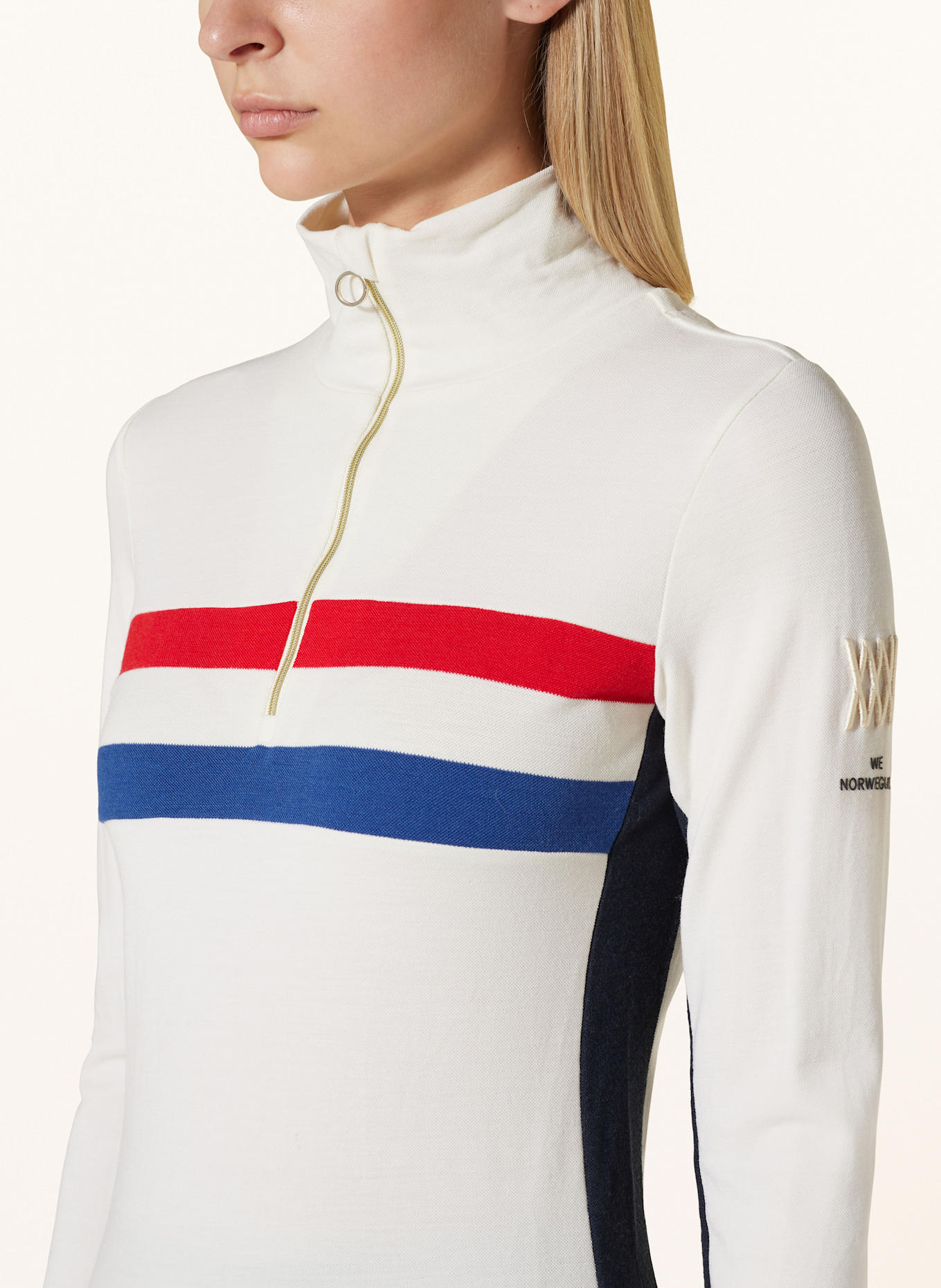 WE NORWEGIANS Midlayer aus Merinowolle: ECRU / BLAU / ROT