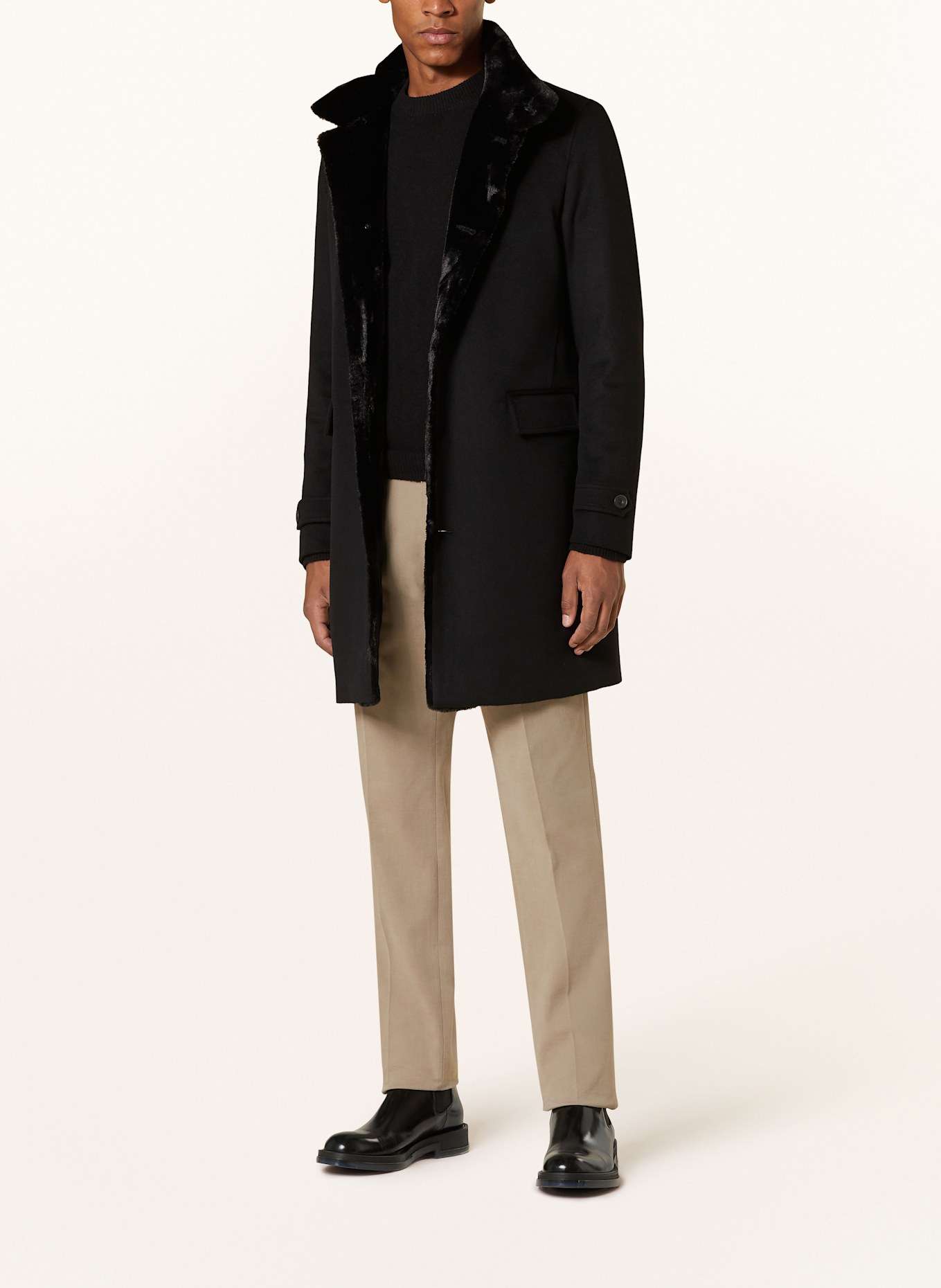 HERNO Wollmantel mit Kunstfell: SCHWARZ