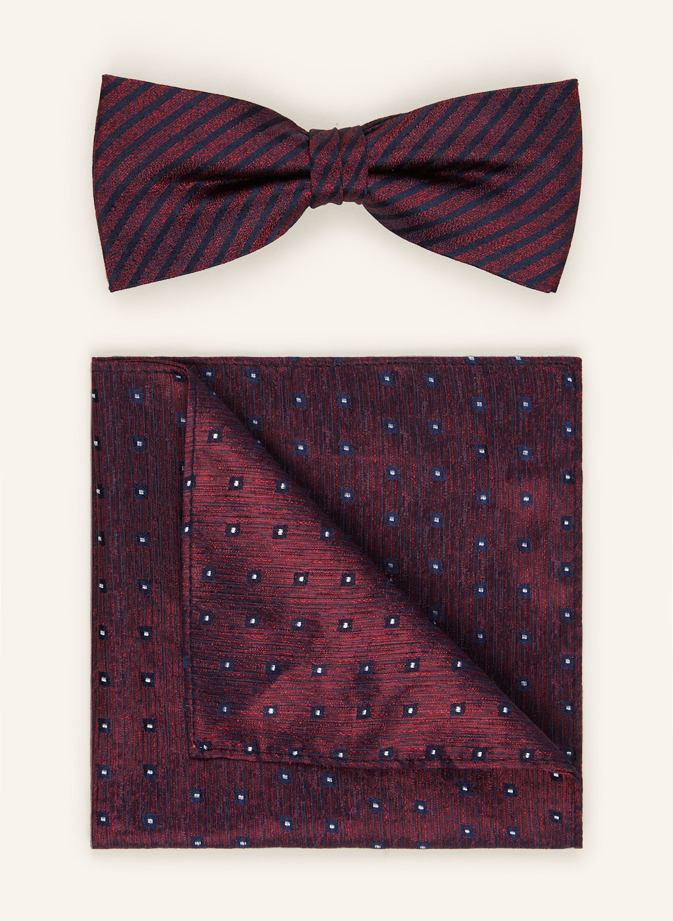 MONTI Set: Silk bow tie and pocket square: DARK RED / BLACK