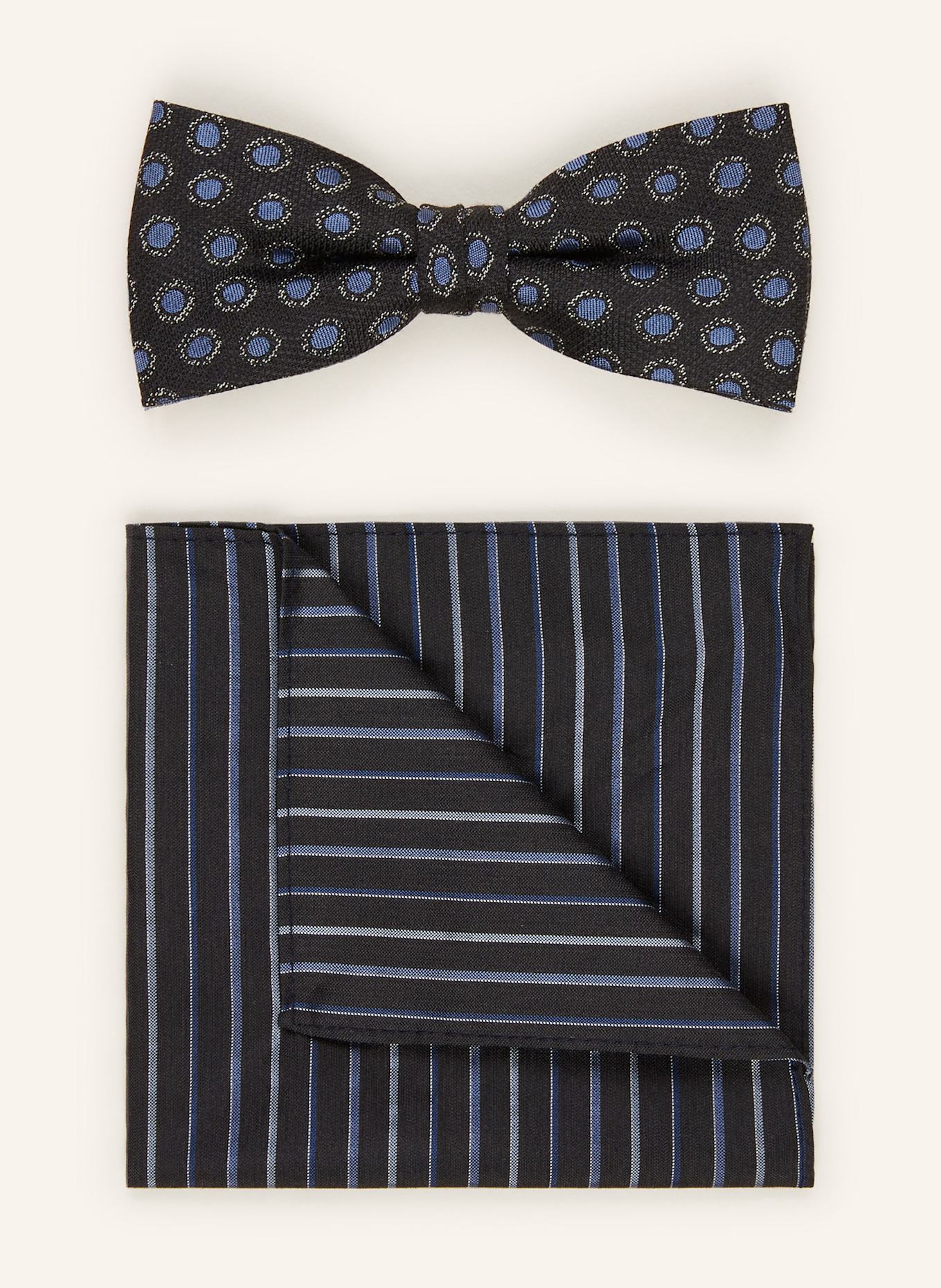 MONTI Ensemble : nœud papillon et pochette en soie: NOIR / BLEU