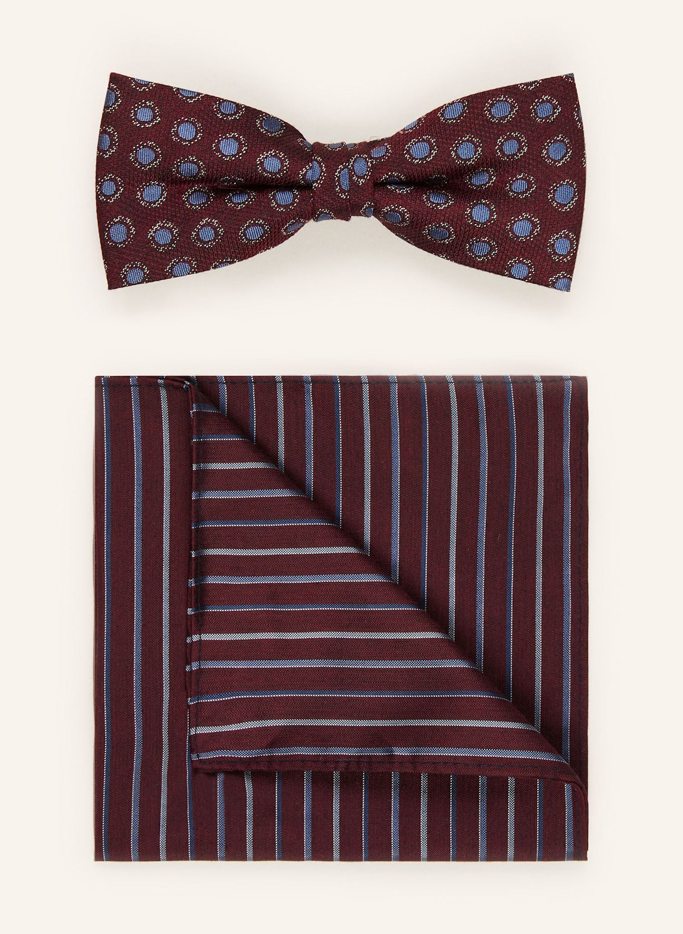 MONTI Ensemble : nœud papillon et pochette en soie: ROUGE FONCÉ / BLEU / BLEU CLAIR