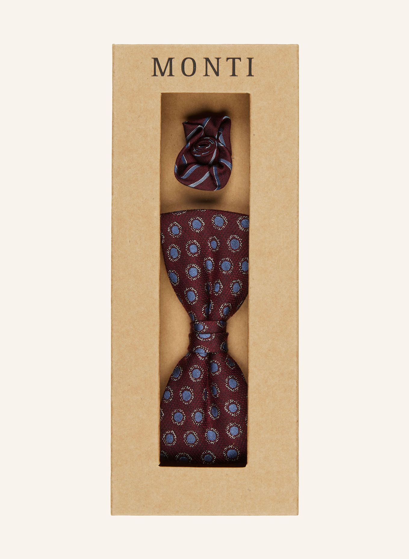 MONTI Ensemble : nœud papillon et pochette en soie: ROUGE FONCÉ / BLEU / BLEU CLAIR