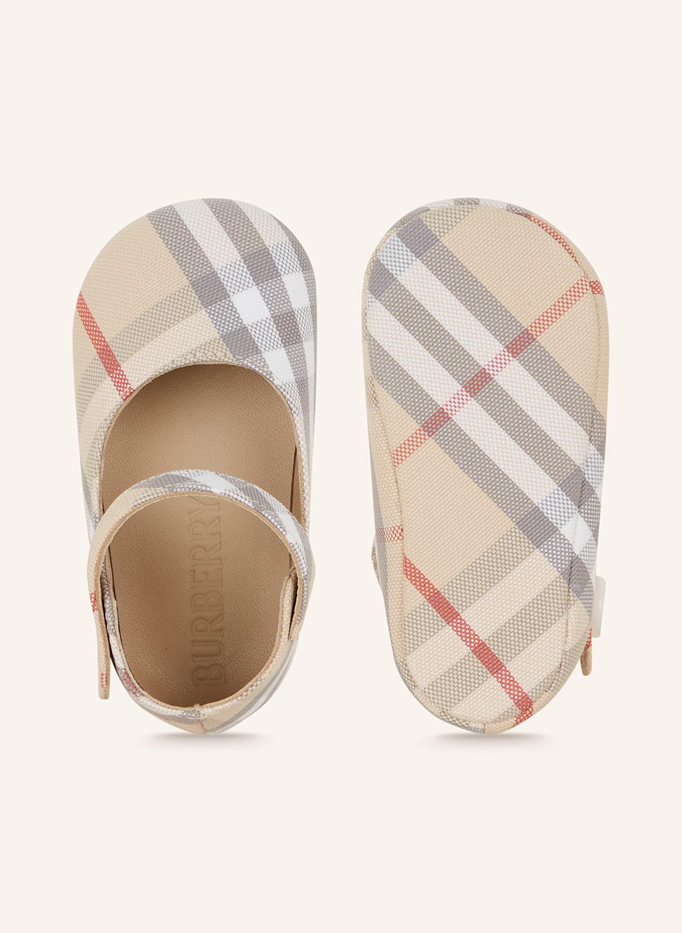 BURBERRY Krabbelschuhe in creme hellgrau rot