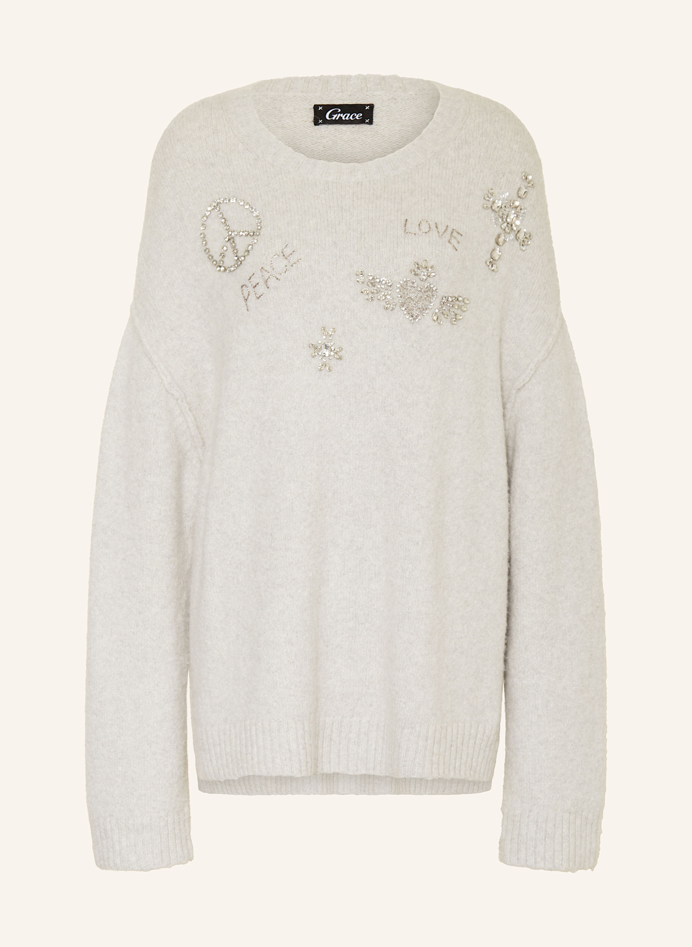 Grace Oversized-Pullover mit Alpaka und Schmucksteinen: HELLGRAU
