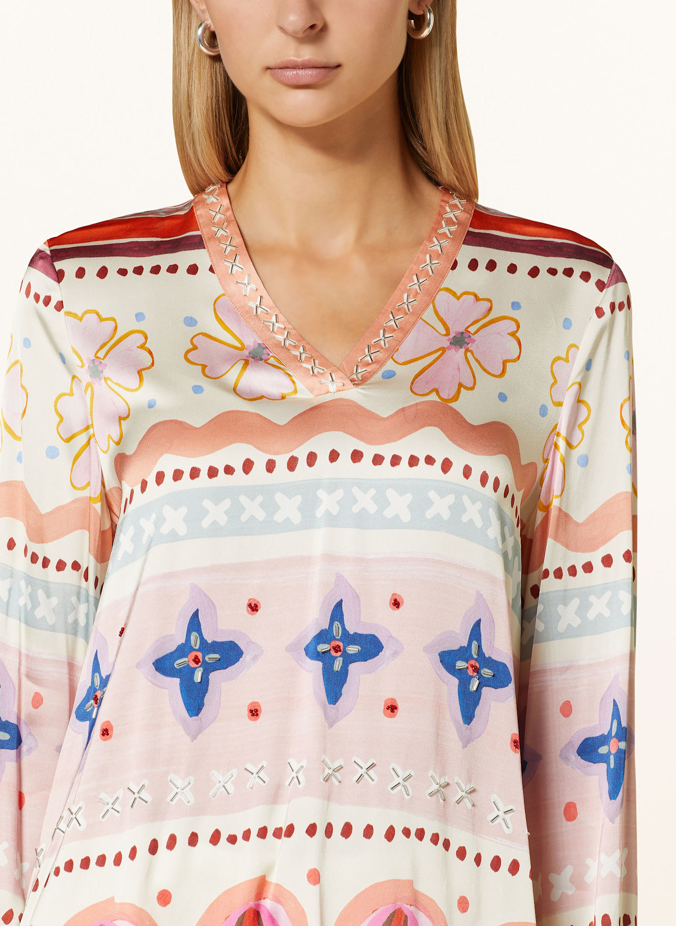 Grace Satin shirt blouse with decorative gems: ECRU / ORANGE / ROSE