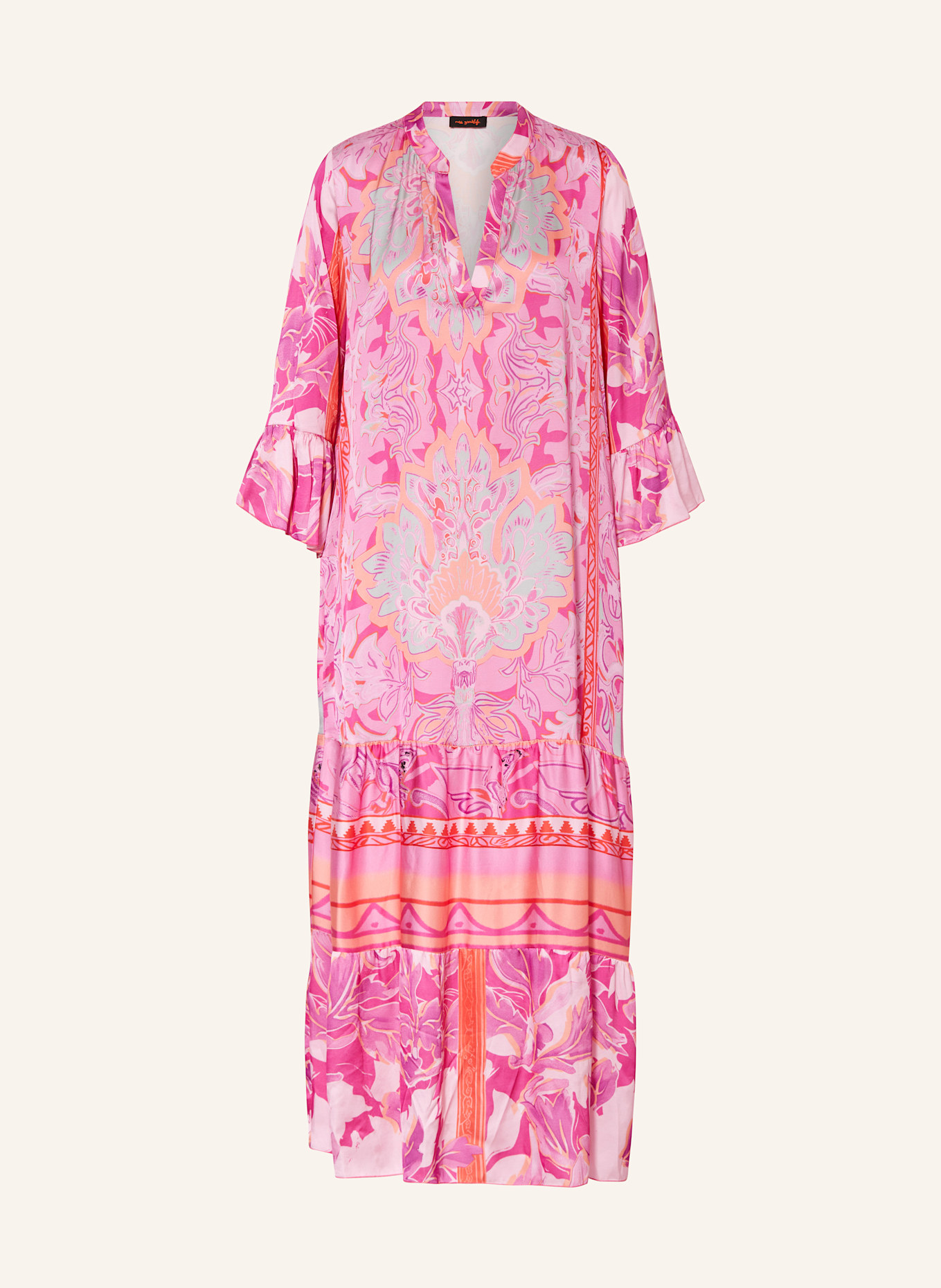 miss goodlife Satin dress with 3/4 sleeves and ruffles, Color: Crochet Detail Bardot Dress (Image 1)