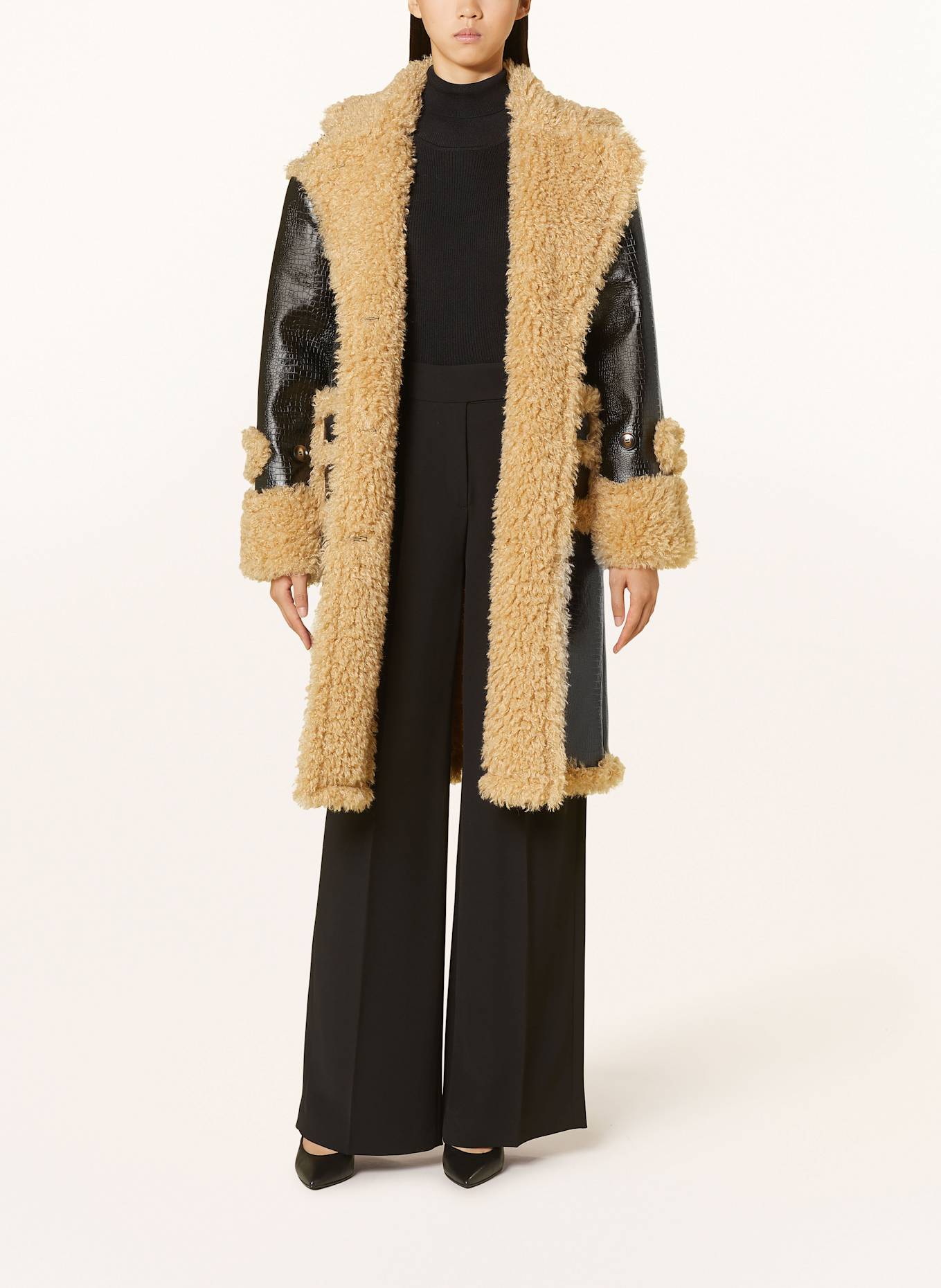 OW Collection Ledermantel MONTREAL mit Kunstfell: SCHWARZ/ BEIGE