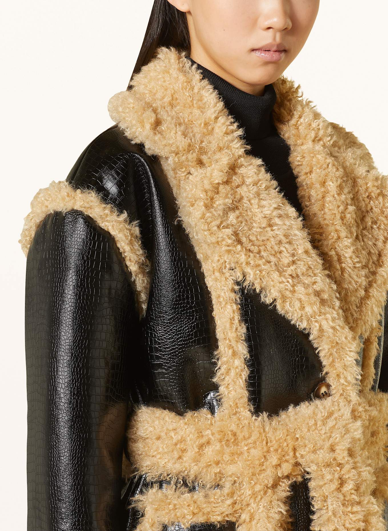 OW Collection Ledermantel MONTREAL mit Kunstfell: SCHWARZ/ BEIGE