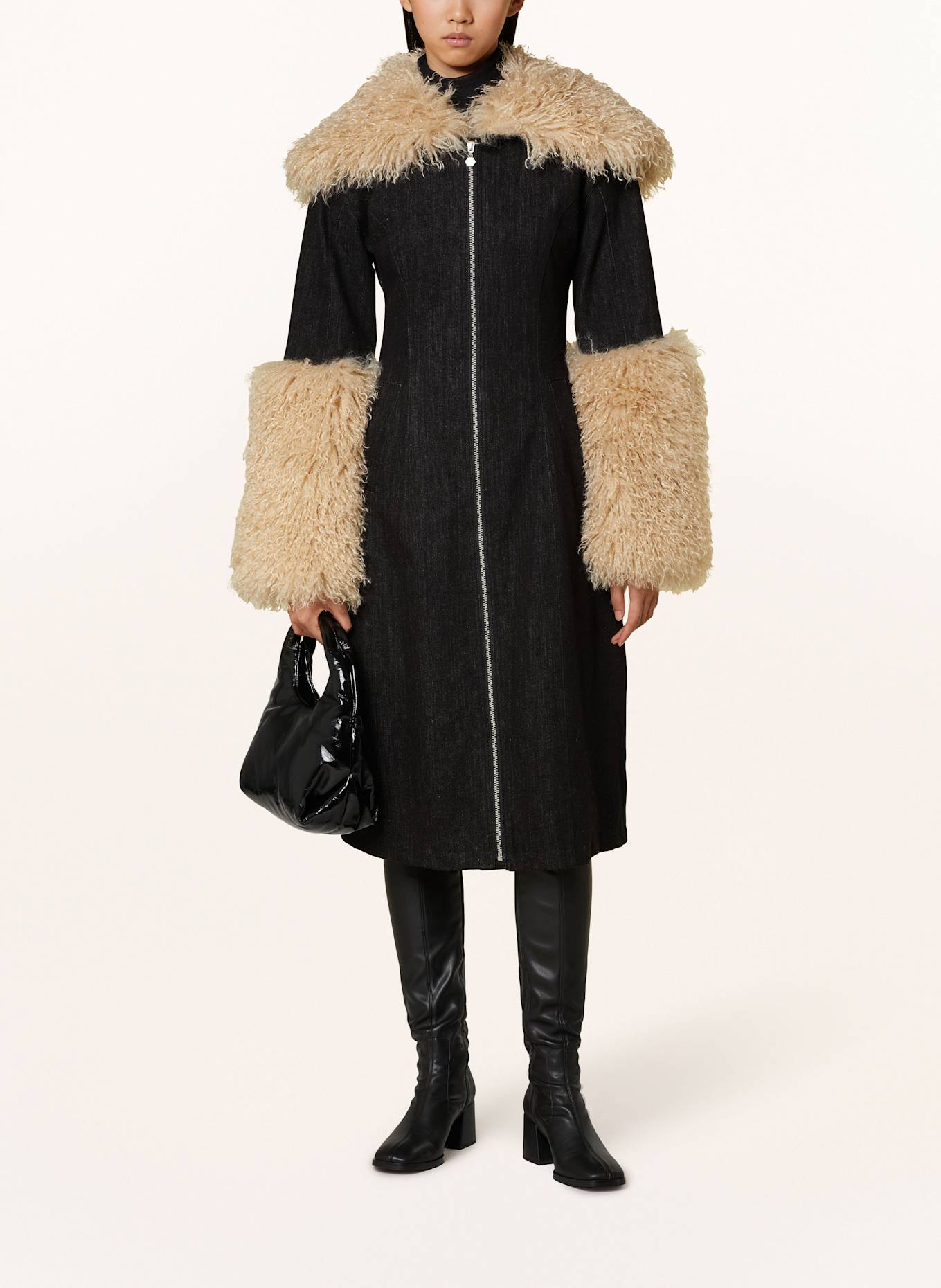 OW Collection HALIFAX denim coat with detachable faux fur in dark brown
