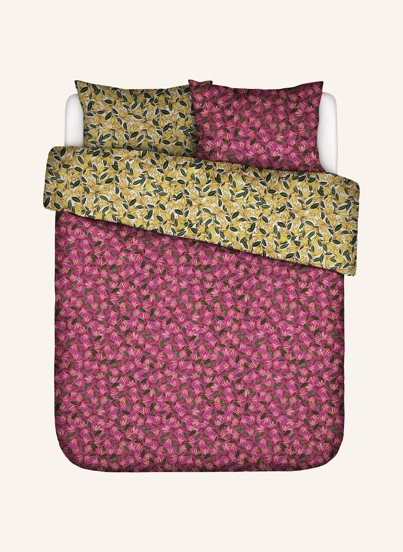 ESSENZA & CO Pościel BELLFLOWER dwustronna: MOCNORÓŻOWY / ŻÓŁTY