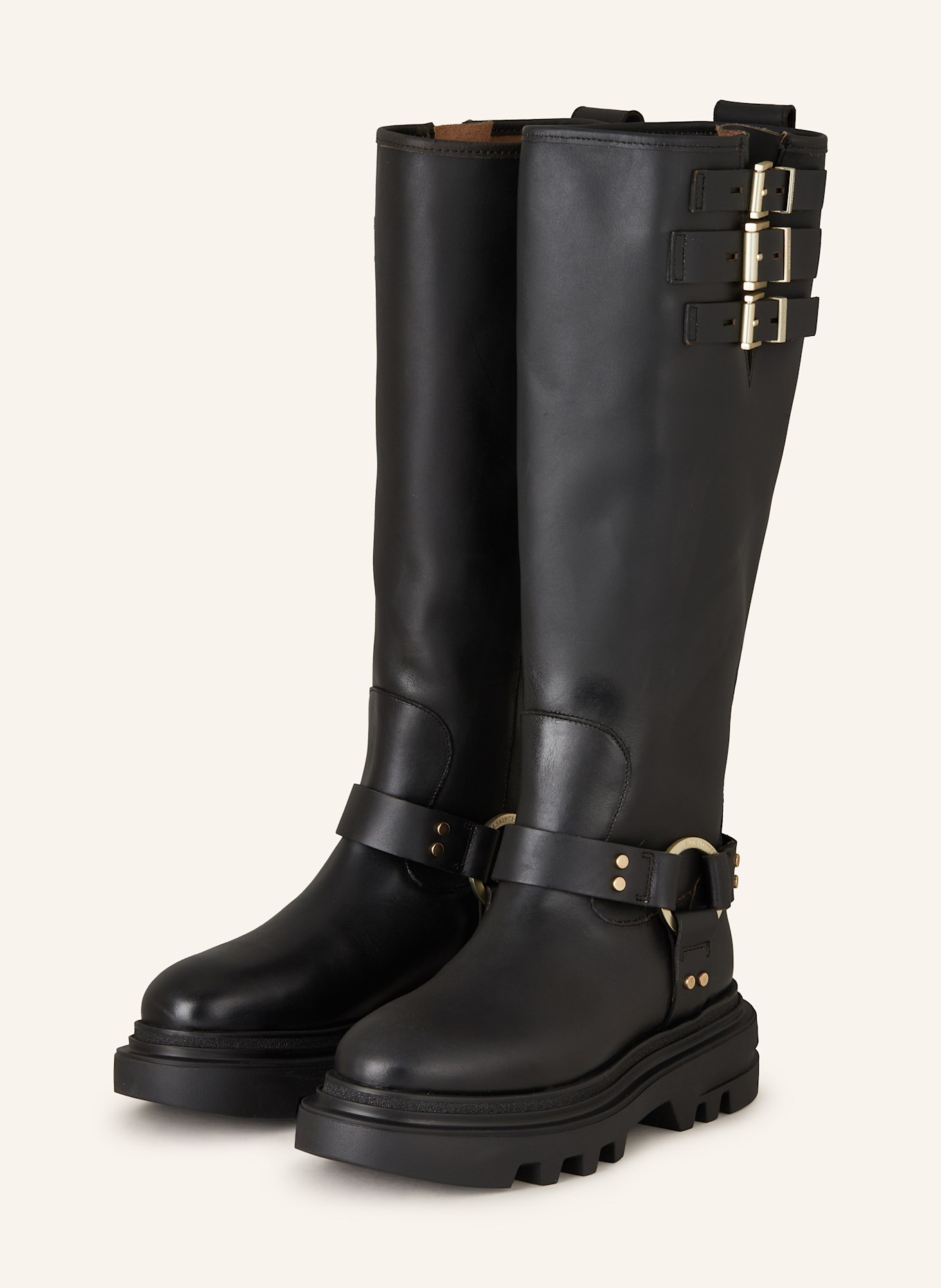Black knee high biker boots discount