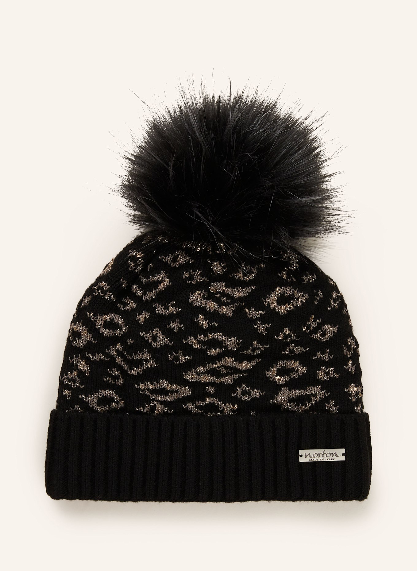 norton Mütze mit Kunstpelzbommel und Glitzergarn: SCHWARZ / TAUPE / GOLD