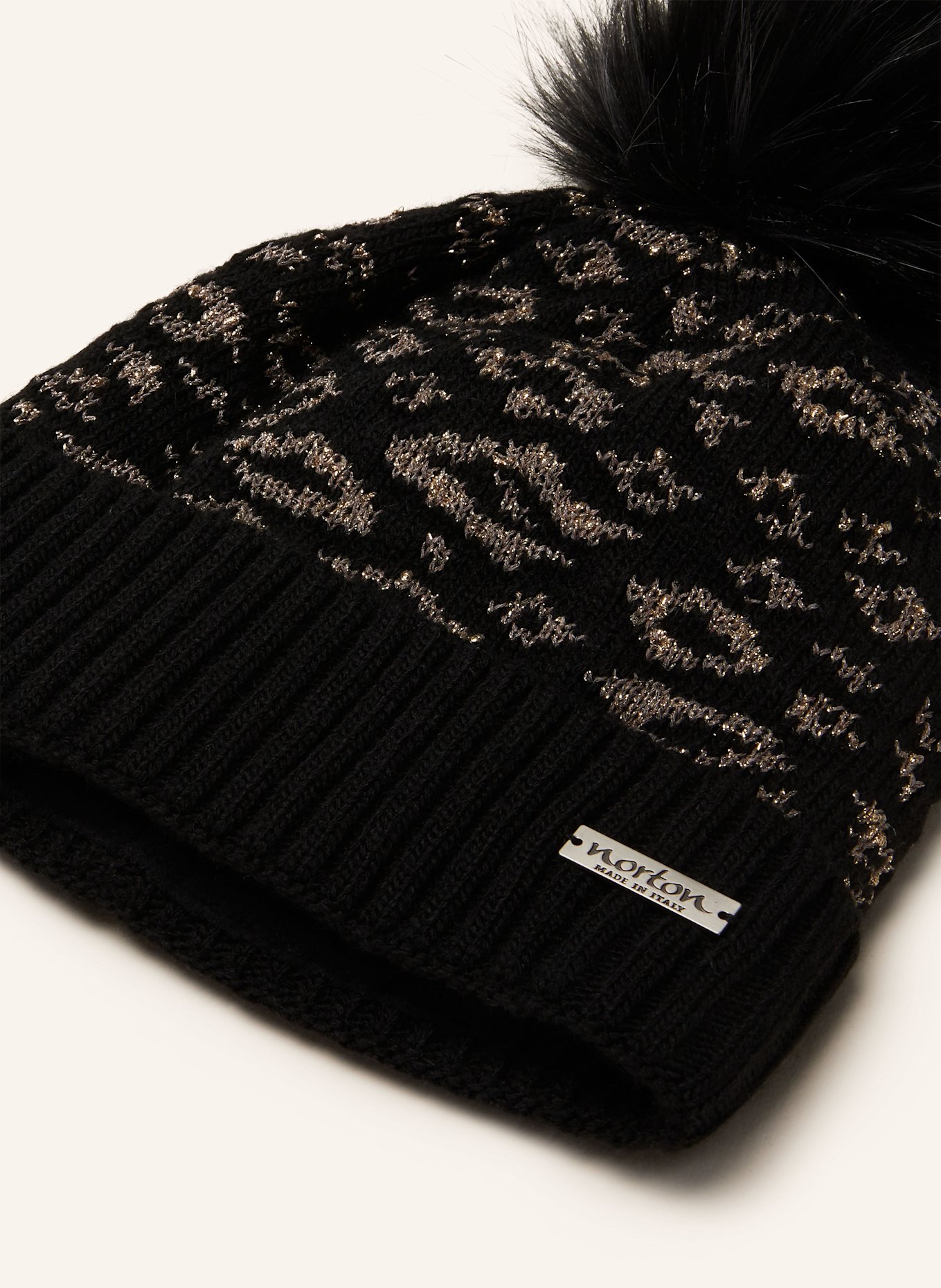 norton Mütze mit Kunstpelzbommel und Glitzergarn: SCHWARZ / TAUPE / GOLD