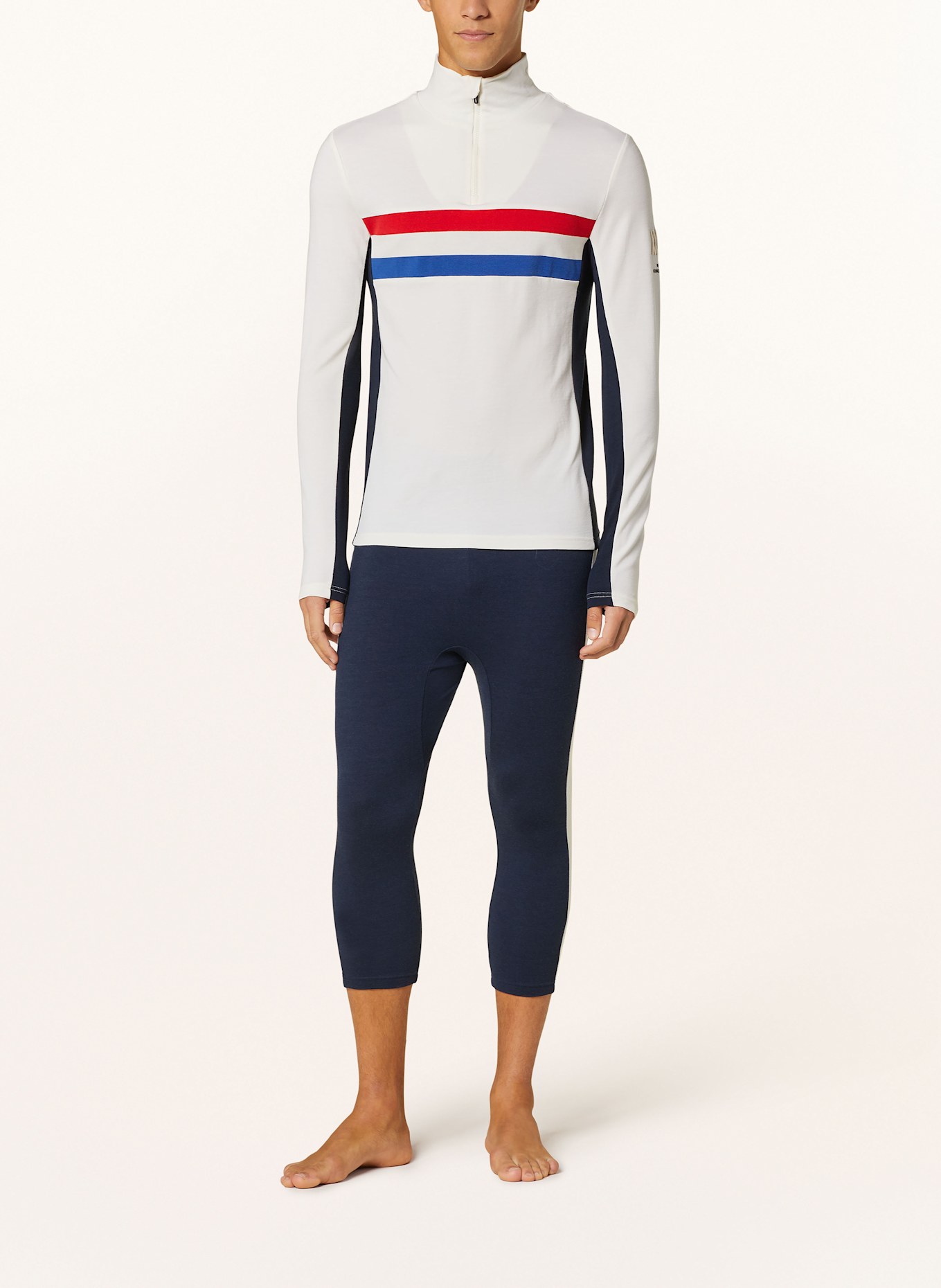 WE NORWEGIANS Piqué-Midlayer aus Merinowolle: ECRU / ROT / BLAU