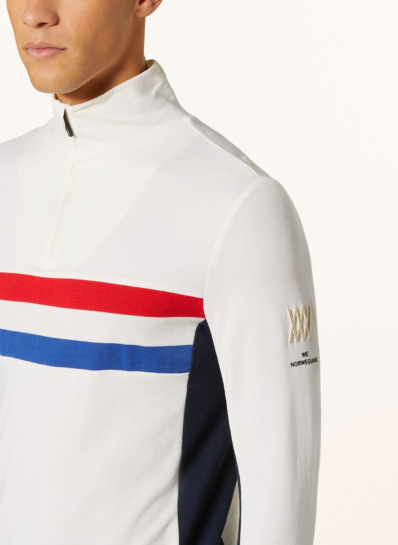 WE NORWEGIANS Piqué-Midlayer aus Merinowolle: ECRU / ROT / BLAU