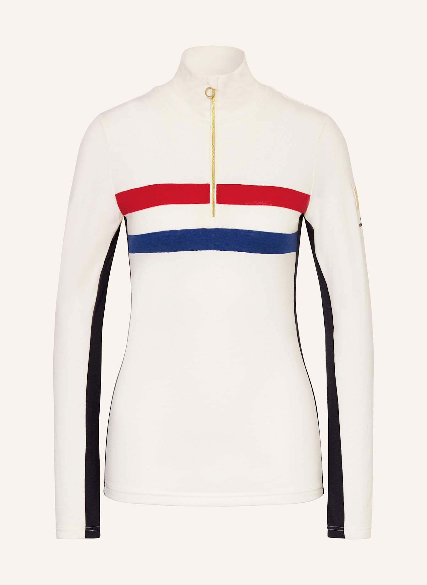 WE NORWEGIANS Midlayer aus Merinowolle: ECRU / BLAU / ROT