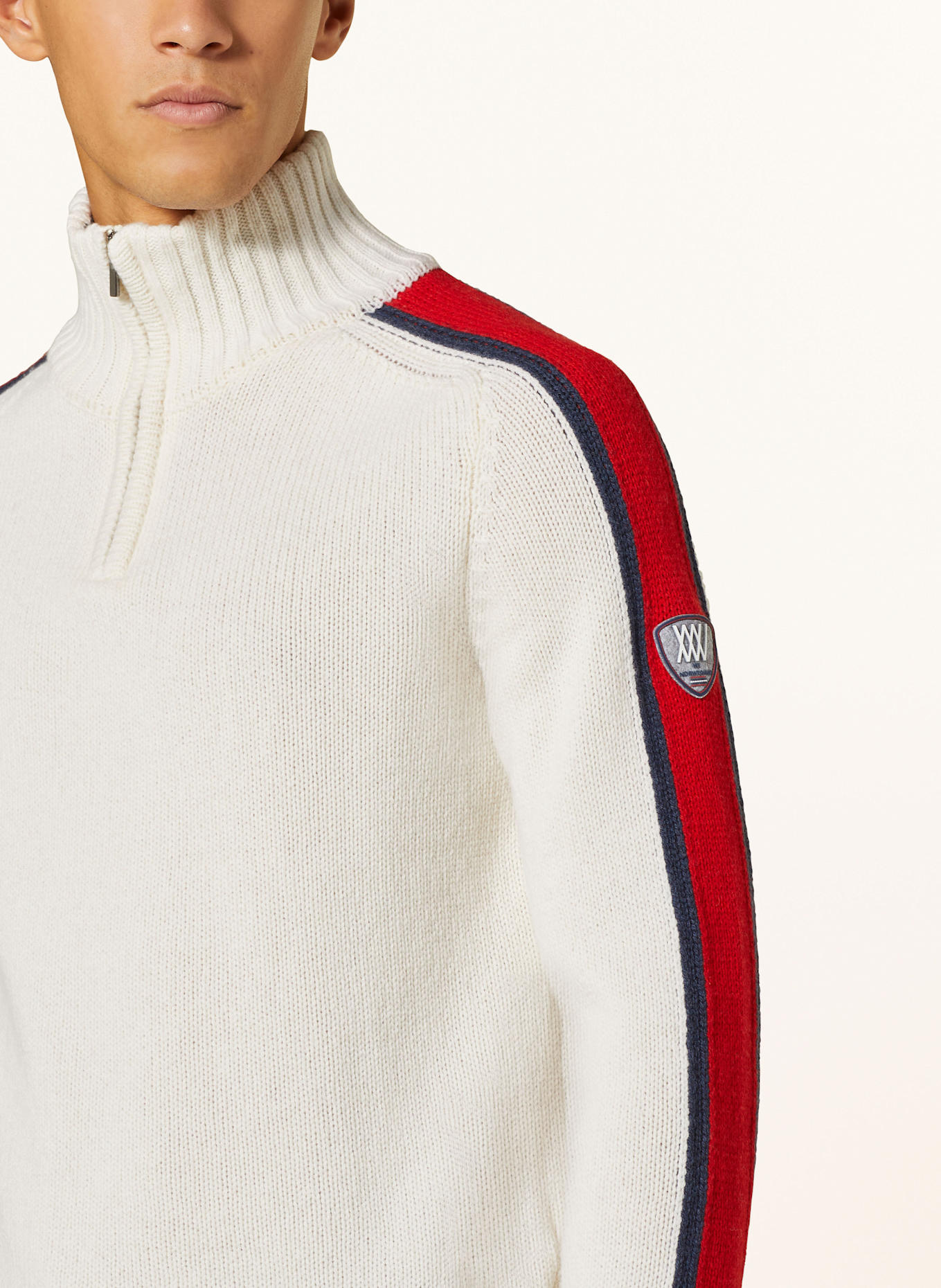 WE NORWEGIANS ZERMATT merino wool troyer: ECRU / DARK BLUE / RED