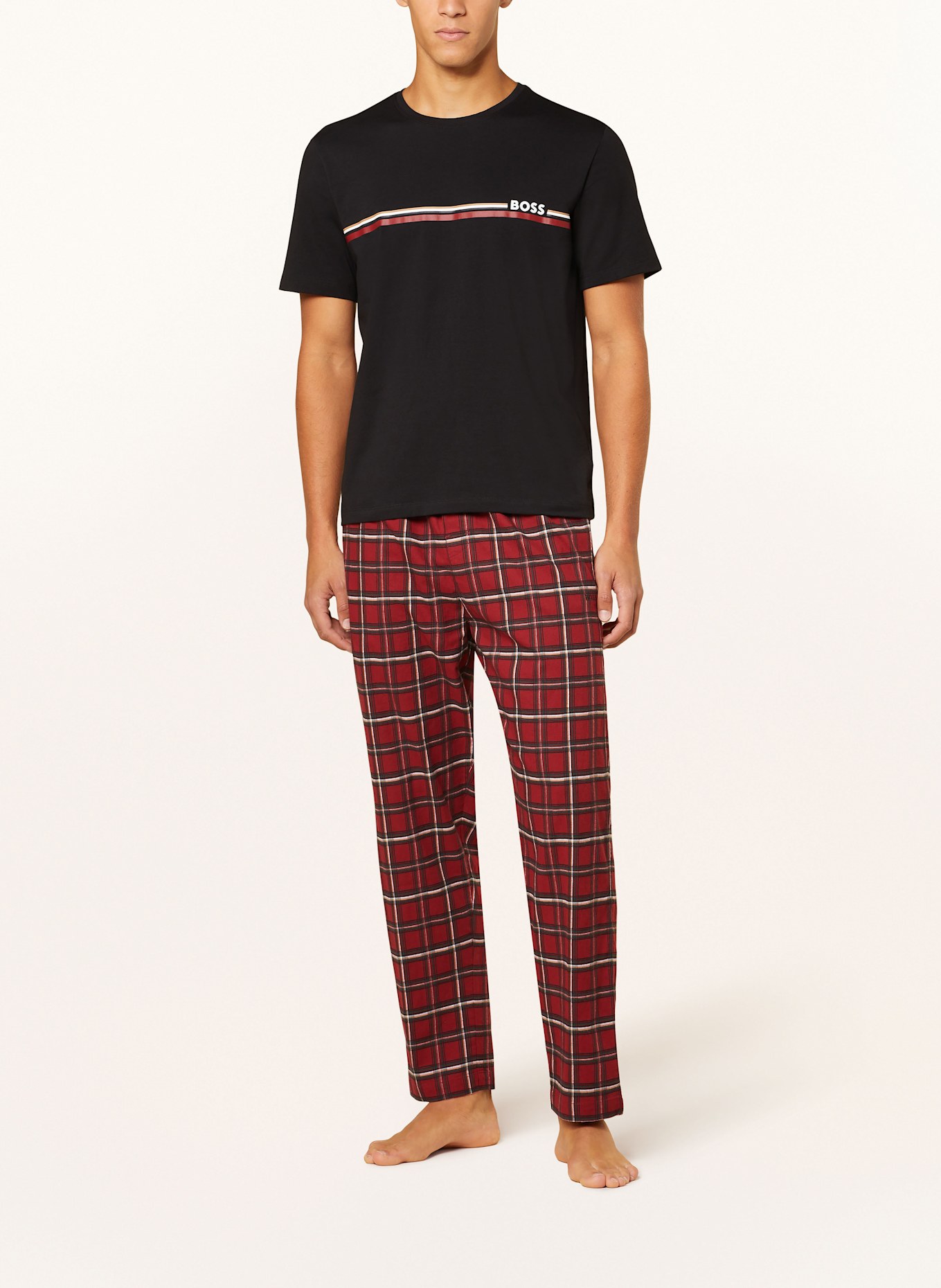 BOSS Pyžamové tričko HOLIDAY: ČERNÁ / TMAVĚ ČERVENÁ / BÍLÁ