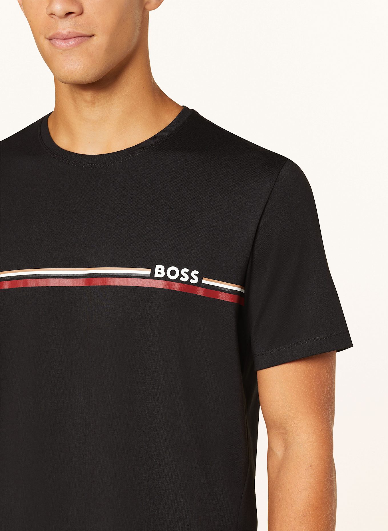 BOSS Pyžamové tričko HOLIDAY: ČERNÁ / TMAVĚ ČERVENÁ / BÍLÁ