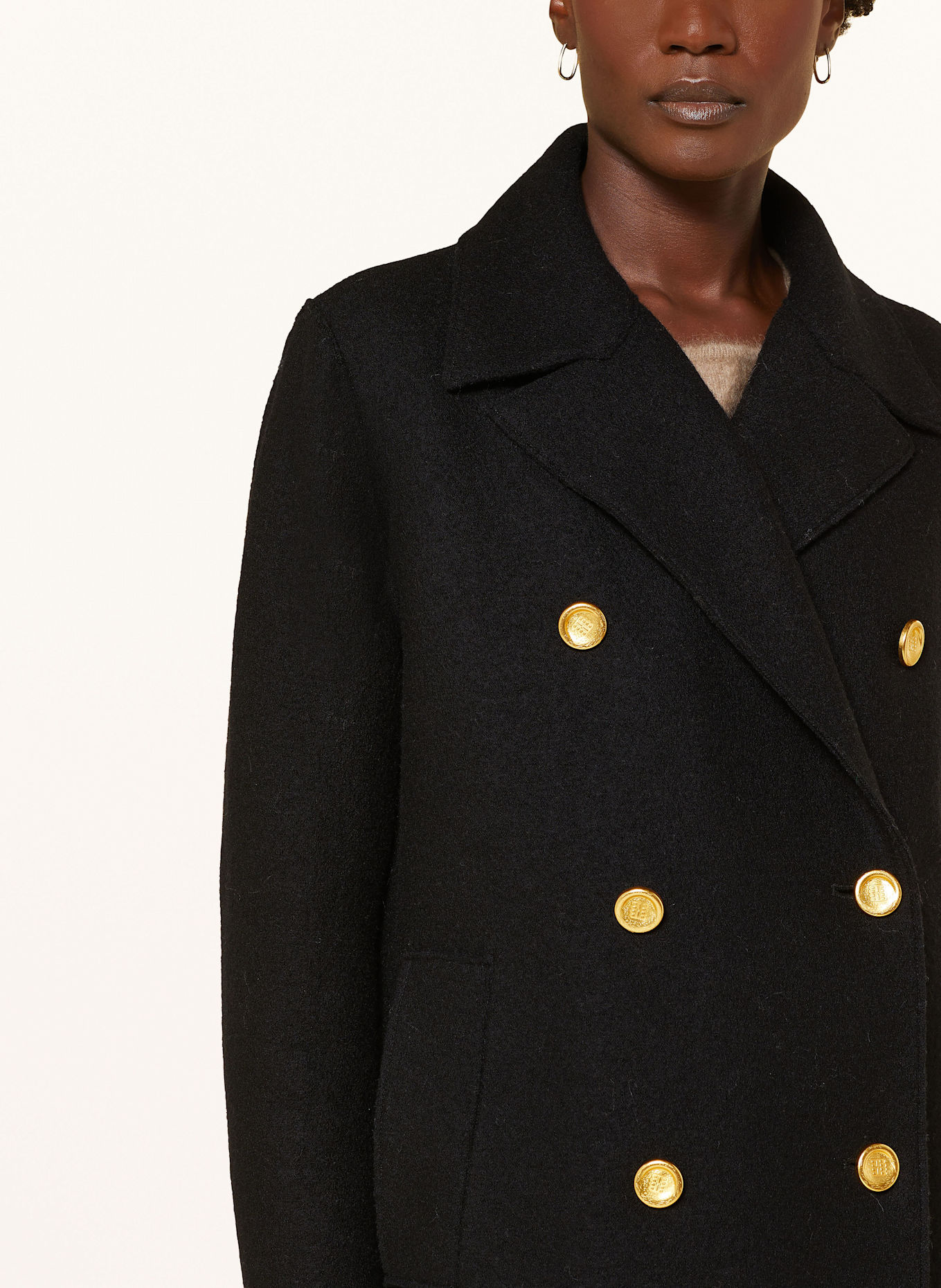 Black coat with gold buttons discount