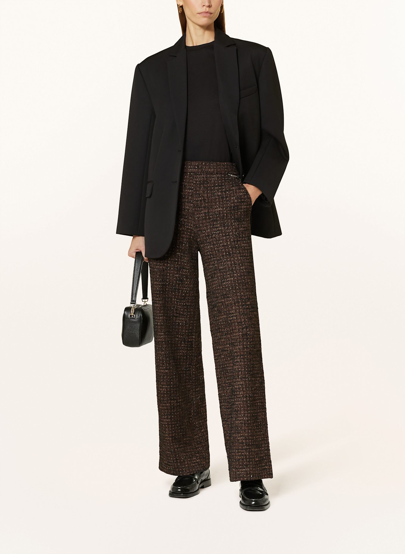 RAFFAELLO ROSSI Spodnie marlena PALINA z bouclé z błyszczącą przędzą: CIEMNOBRĄZOWY / CZARNY / ZŁOTY