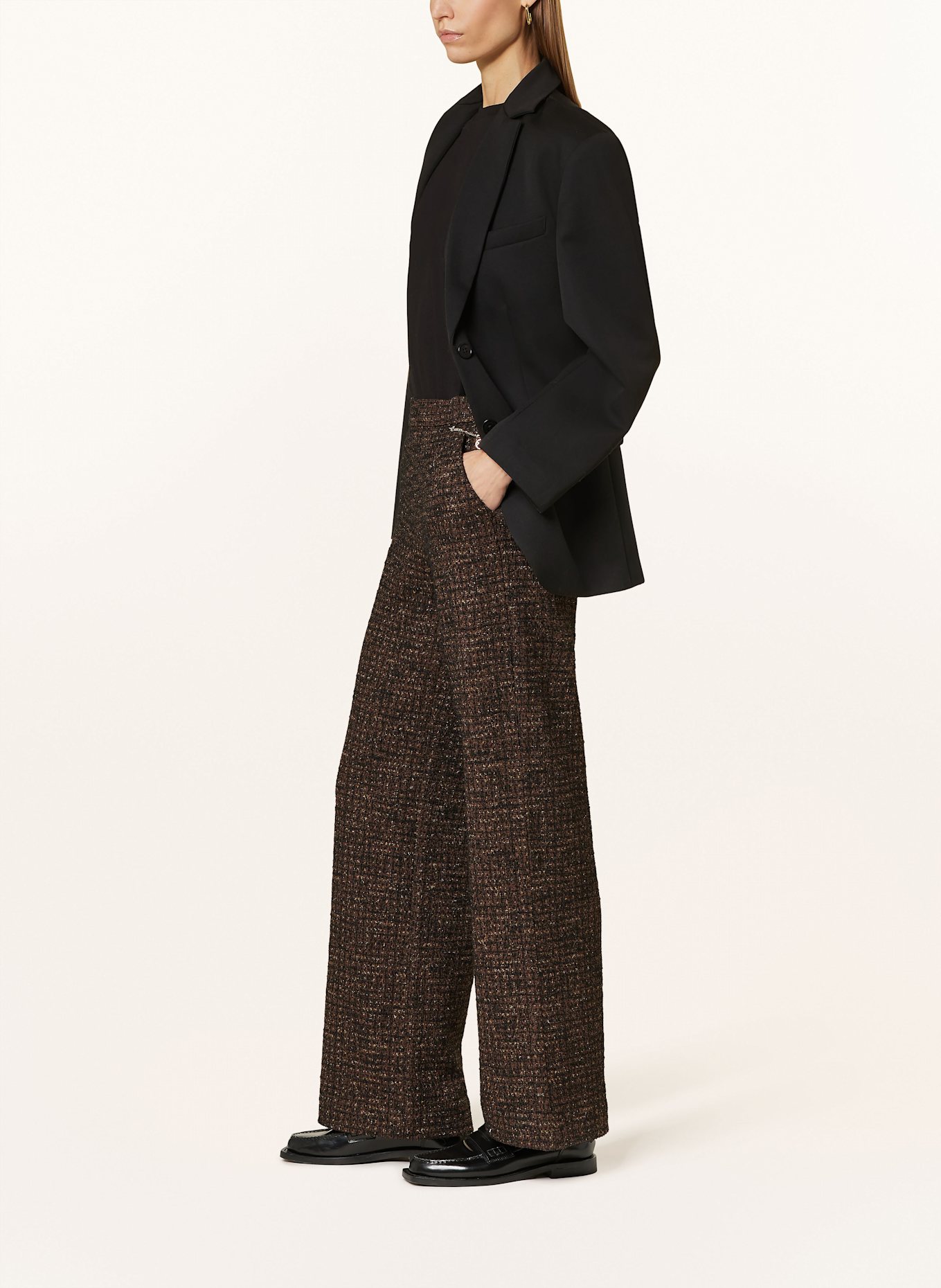RAFFAELLO ROSSI Spodnie marlena PALINA z bouclé z błyszczącą przędzą: CIEMNOBRĄZOWY / CZARNY / ZŁOTY