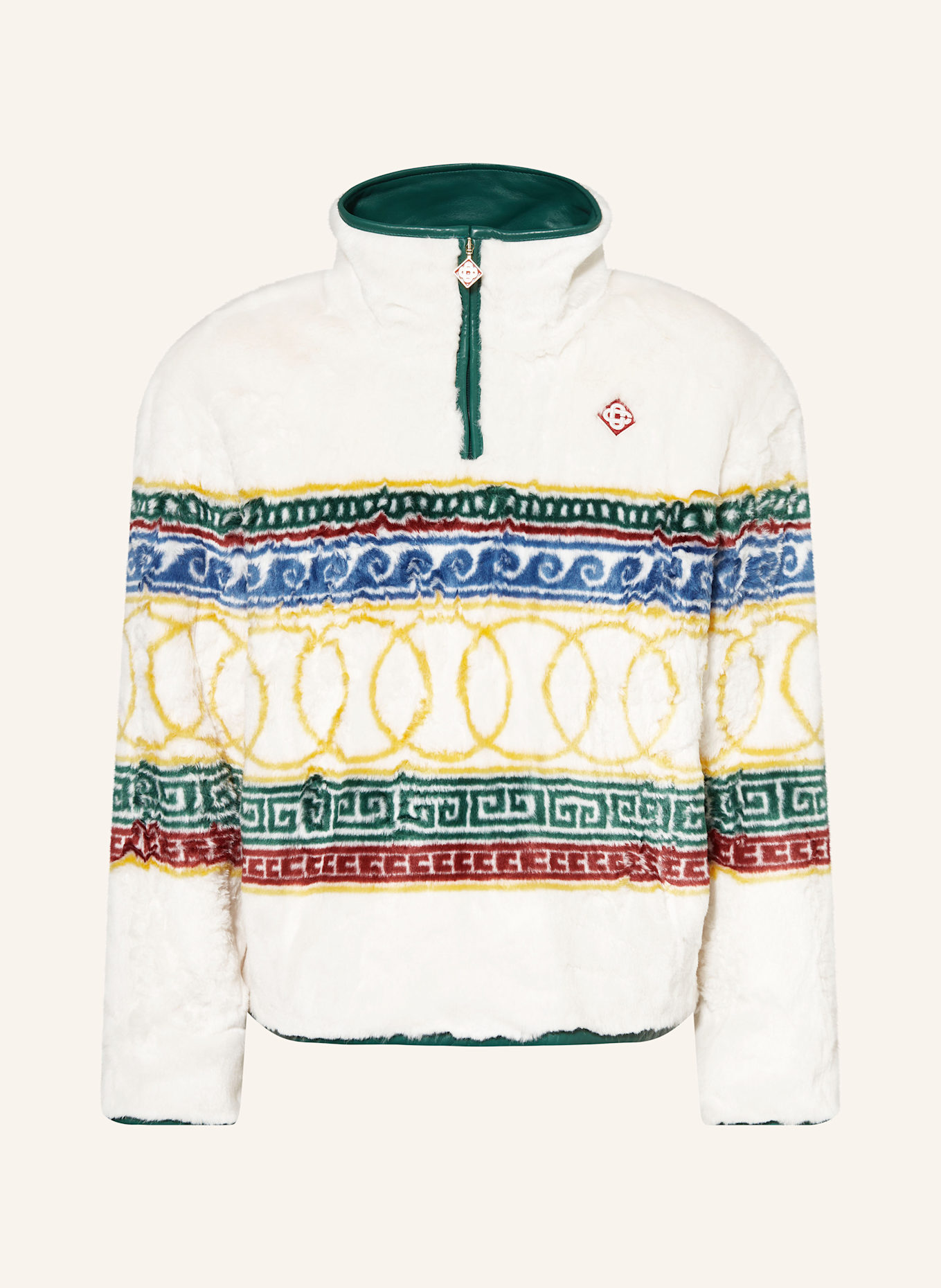 Casablanca Faux fur half zip sweater in ecru dark yellow green