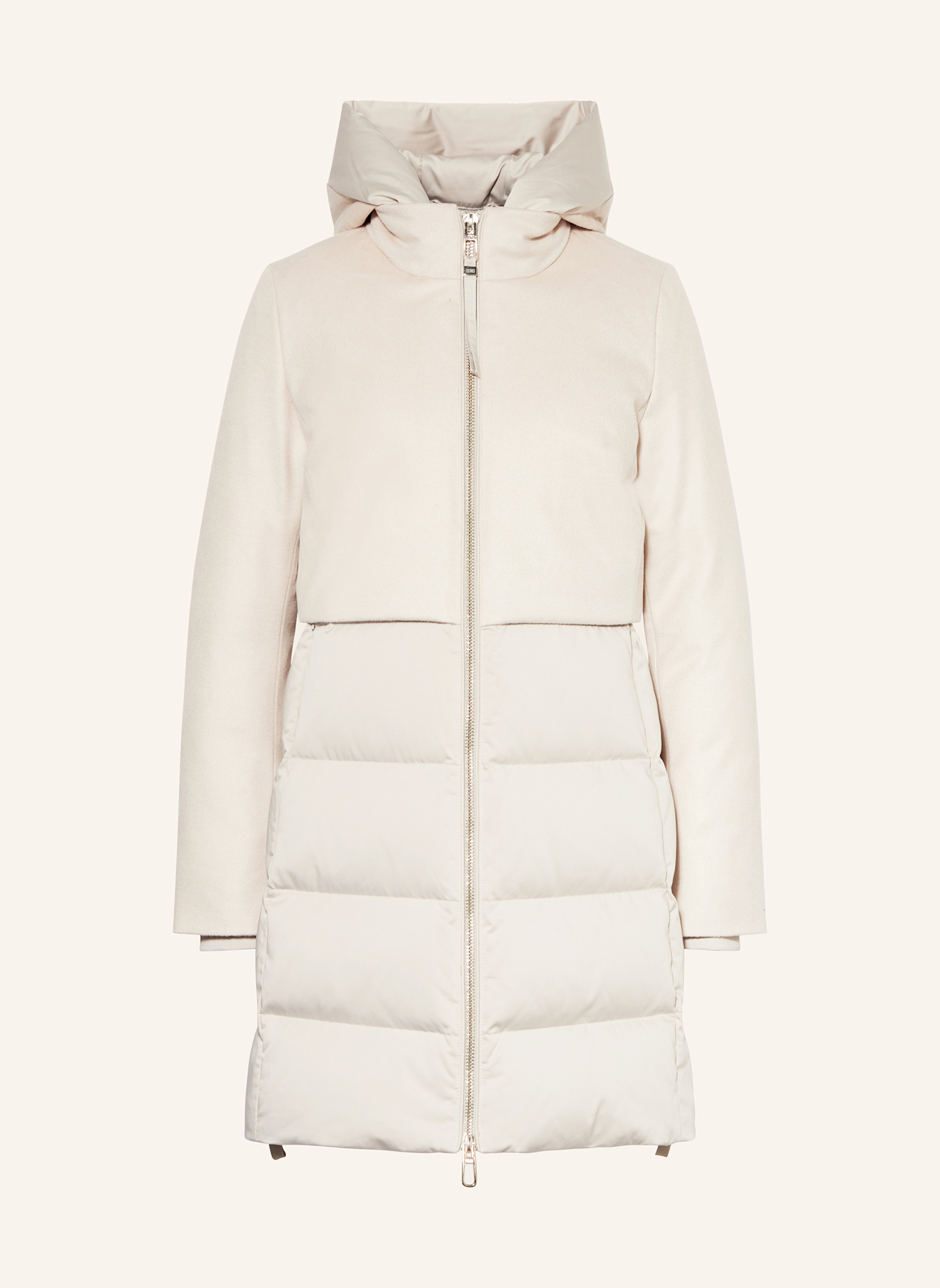 DUNO Daunenmantel PRIMA im Materialmix mit abnehmbarer Kapuze: ECRU