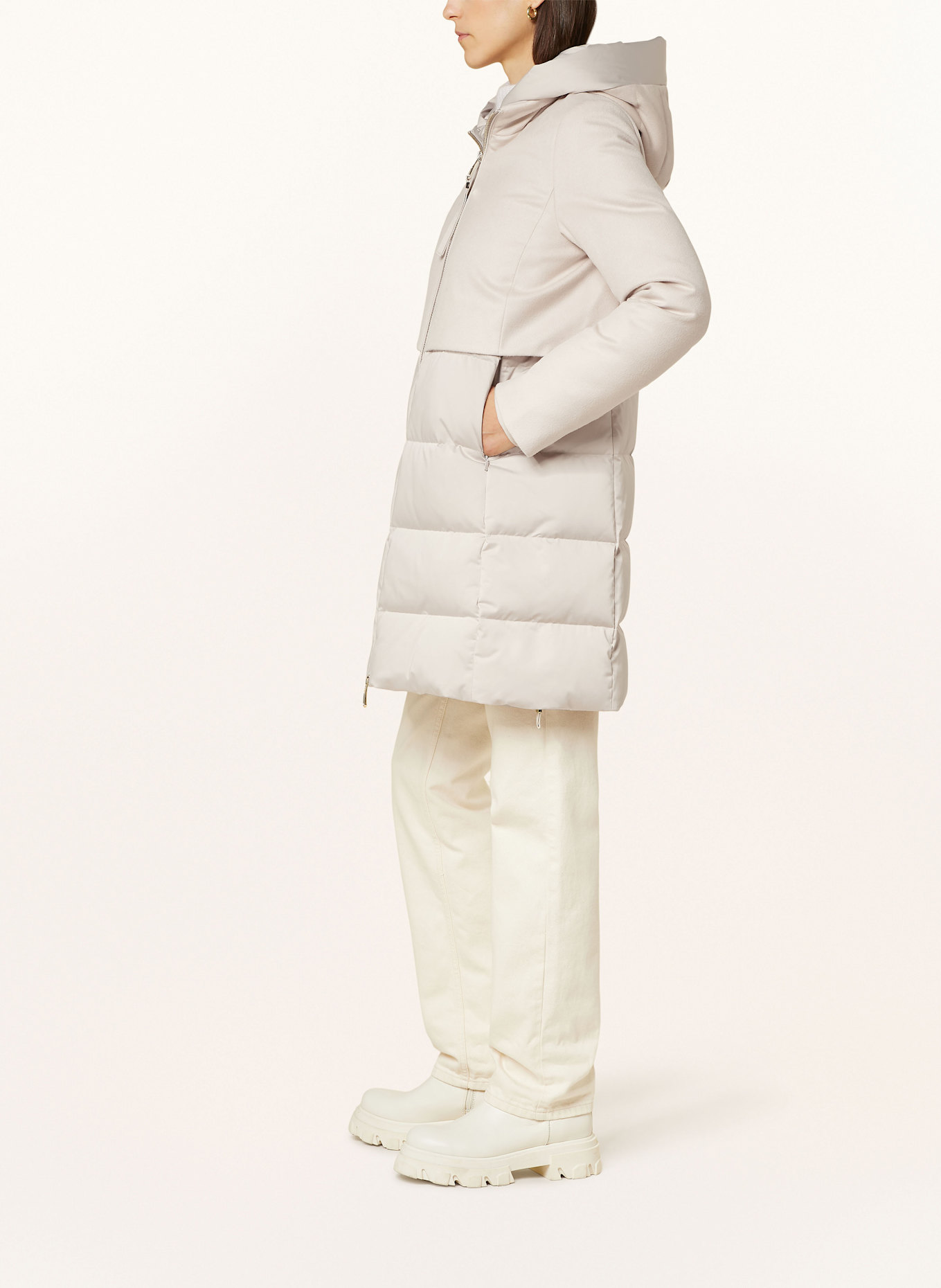 DUNO Daunenmantel PRIMA im Materialmix mit abnehmbarer Kapuze: ECRU